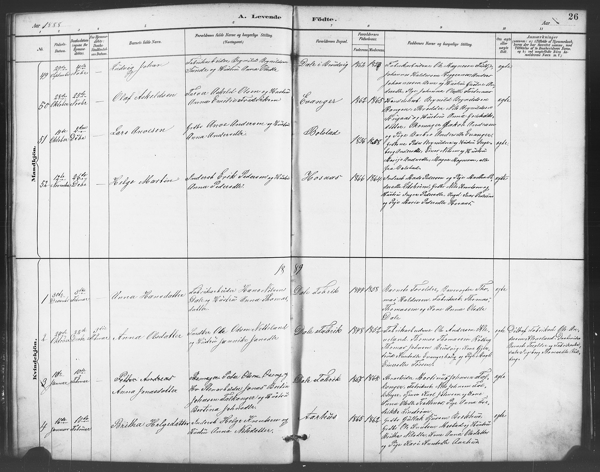 Evanger sokneprestembete, AV/SAB-A-99924: Klokkerbok nr. A 4, 1887-1897, s. 26