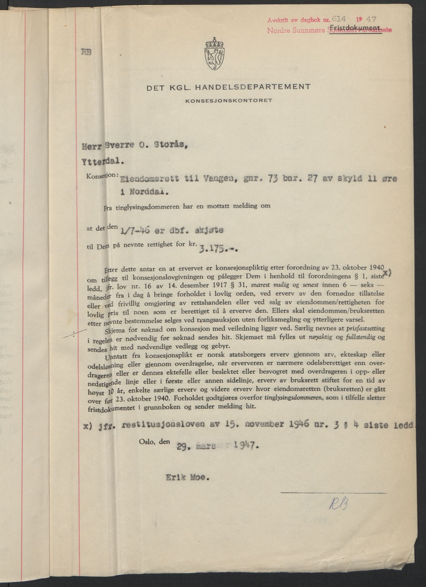 Nordre Sunnmøre sorenskriveri, SAT/A-0006/1/2/2C/2Ca: Pantebok nr. B6-14 b, 1946-1947, Dagboknr: 614/1947