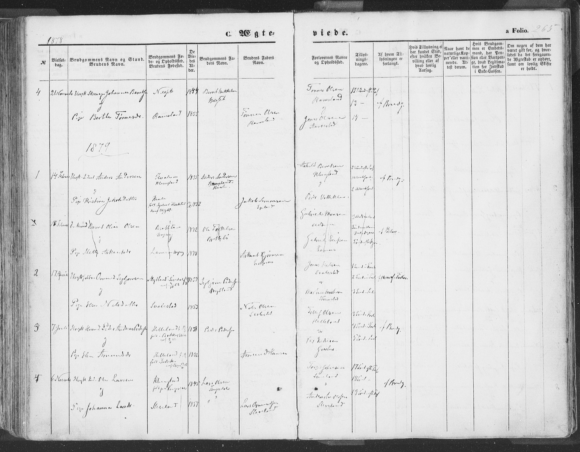 Helleland sokneprestkontor, SAST/A-101810: Ministerialbok nr. A 7.1, 1863-1886, s. 265