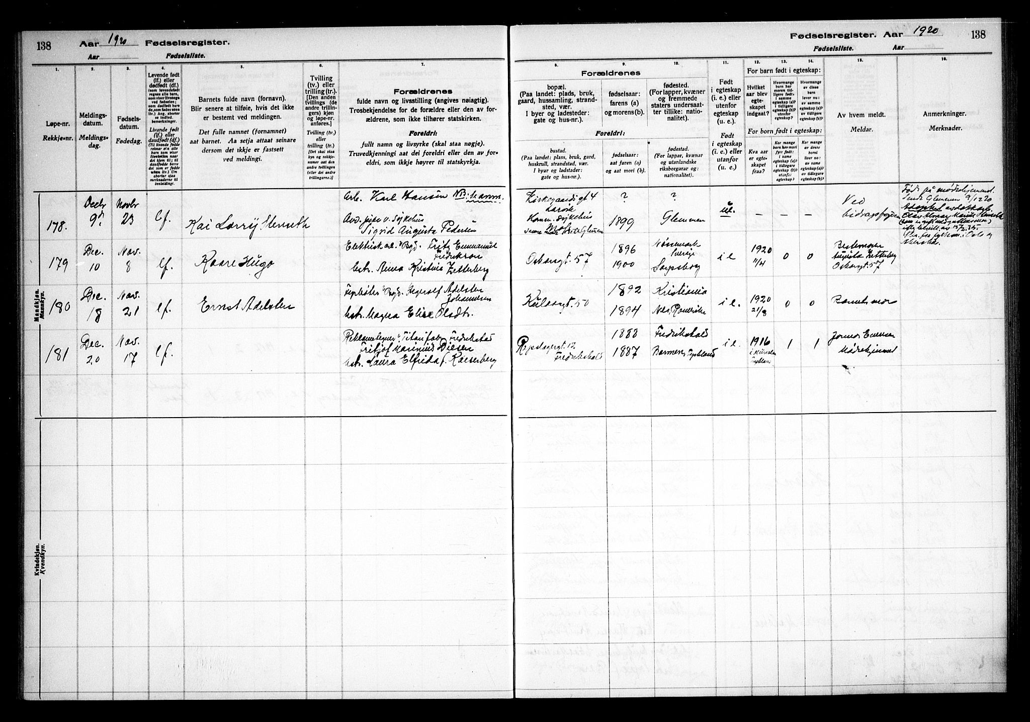 Sarpsborg prestekontor Kirkebøker, AV/SAO-A-2006/J/Ja/L0001: Fødselsregister nr. 1, 1916-1922, s. 138