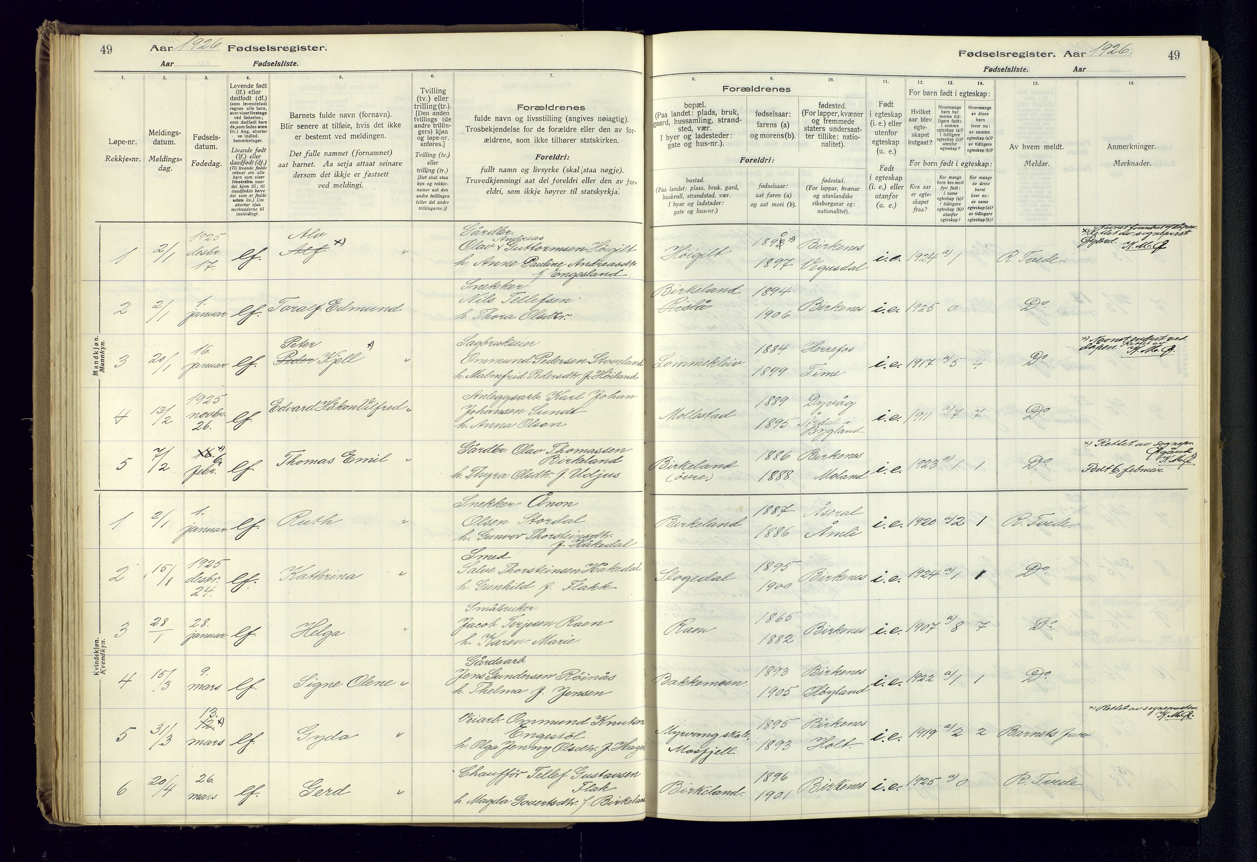 Birkenes sokneprestkontor, SAK/1111-0004/J/Ja/L0001: Fødselsregister nr. II.6.4, 1916-1962, s. 49