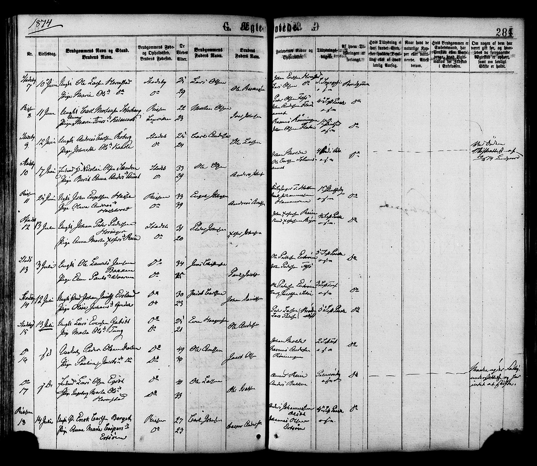 Ministerialprotokoller, klokkerbøker og fødselsregistre - Sør-Trøndelag, SAT/A-1456/646/L0613: Ministerialbok nr. 646A11, 1870-1884, s. 281