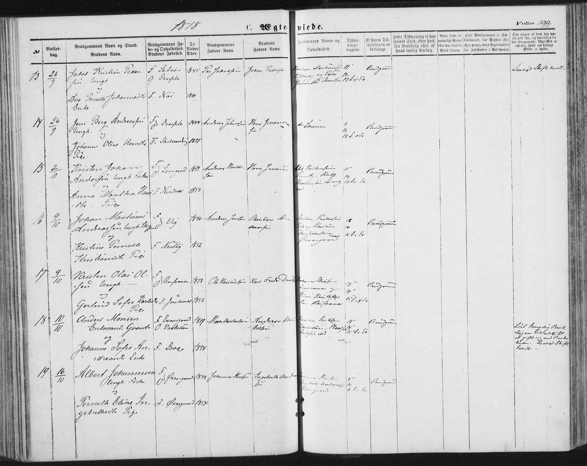 Ministerialprotokoller, klokkerbøker og fødselsregistre - Nordland, AV/SAT-A-1459/847/L0668: Ministerialbok nr. 847A08, 1872-1886, s. 199