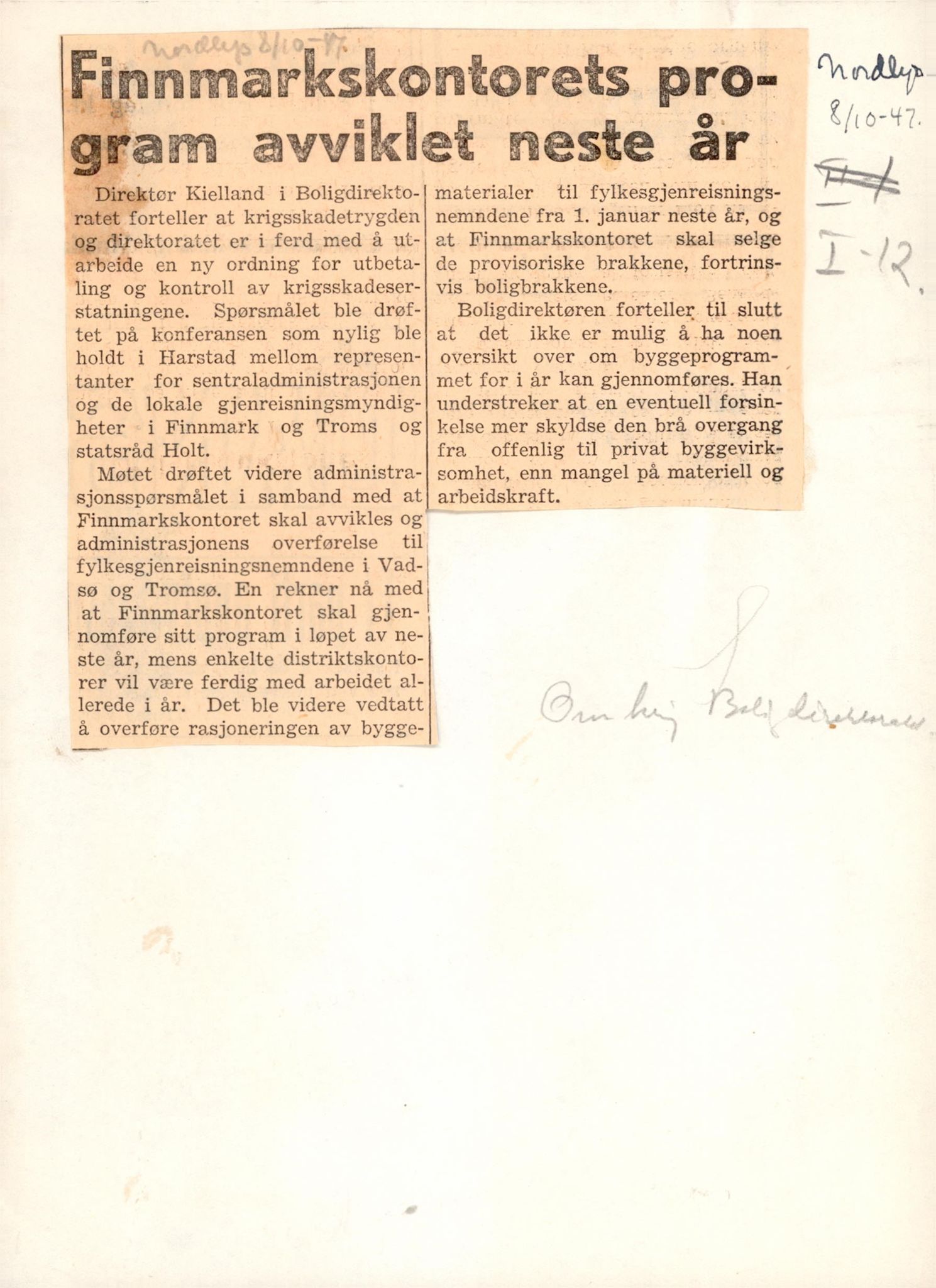 Finnmarkskontorets presse- og opplysningsarkiv , FMFB/A-1198/E/L0003/0003: I Nord-Troms og Finnmark - generelt  / Boligdirektoratet, 1946-1947