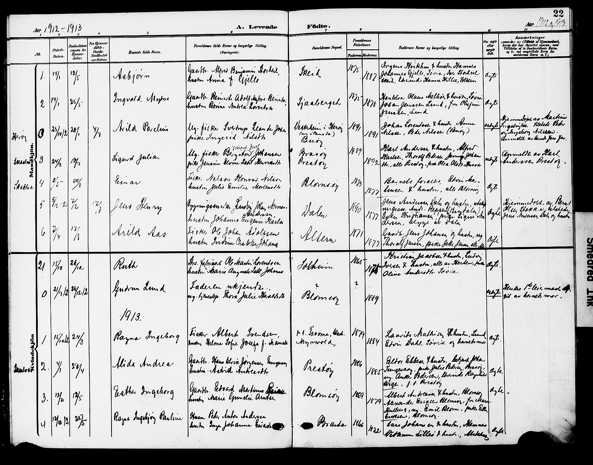 Ministerialprotokoller, klokkerbøker og fødselsregistre - Nordland, AV/SAT-A-1459/830/L0464: Klokkerbok nr. 830C06, 1906-1925, s. 22