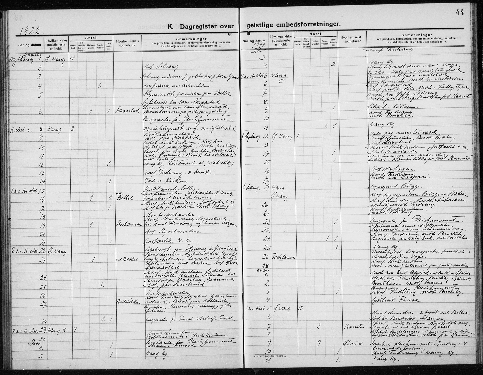 Vang prestekontor, Hedmark, AV/SAH-PREST-008/H/Ha/Haa/L0020: Ministerialbok nr. 20, 1911-1926, s. 44