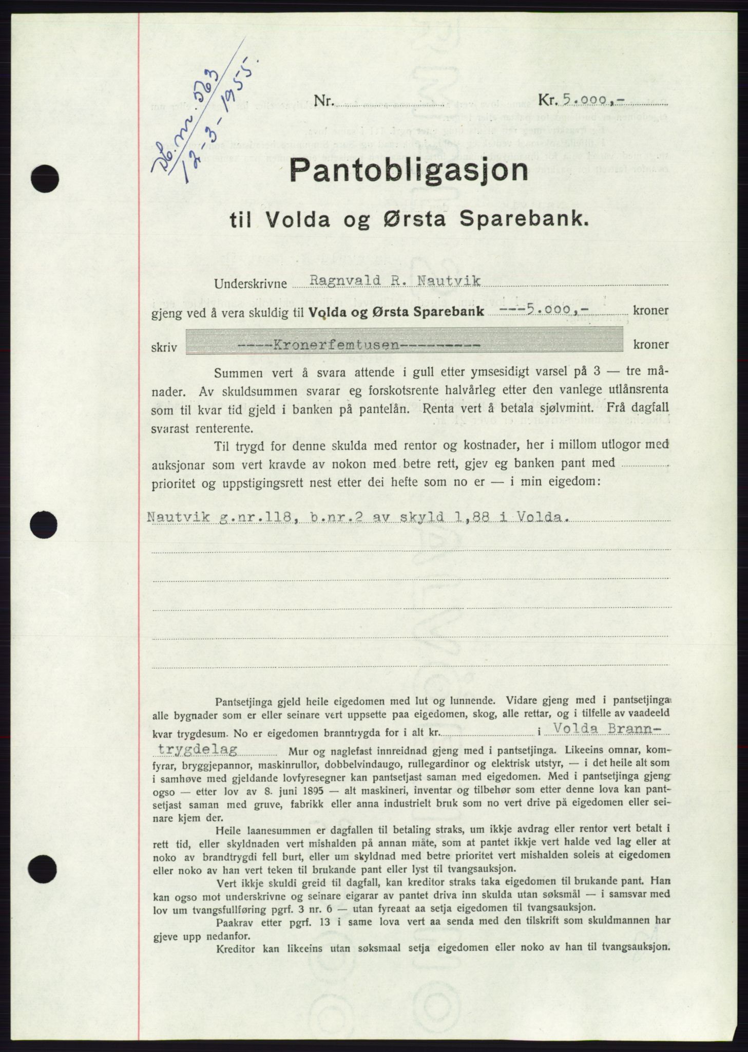 Søre Sunnmøre sorenskriveri, AV/SAT-A-4122/1/2/2C/L0126: Pantebok nr. 14B, 1954-1955, Dagboknr: 563/1955