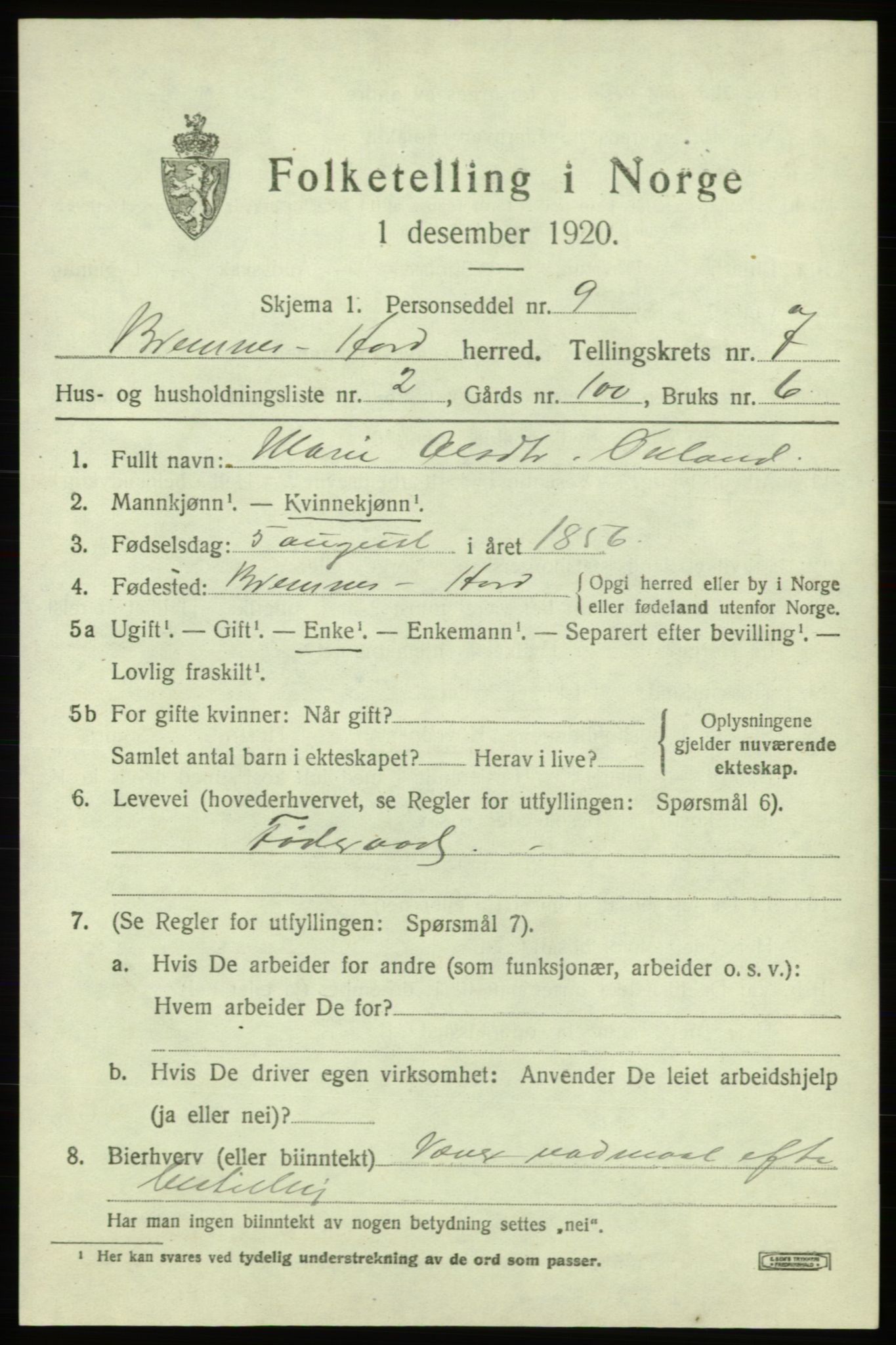 SAB, Folketelling 1920 for 1220 Bremnes herred, 1920, s. 4044