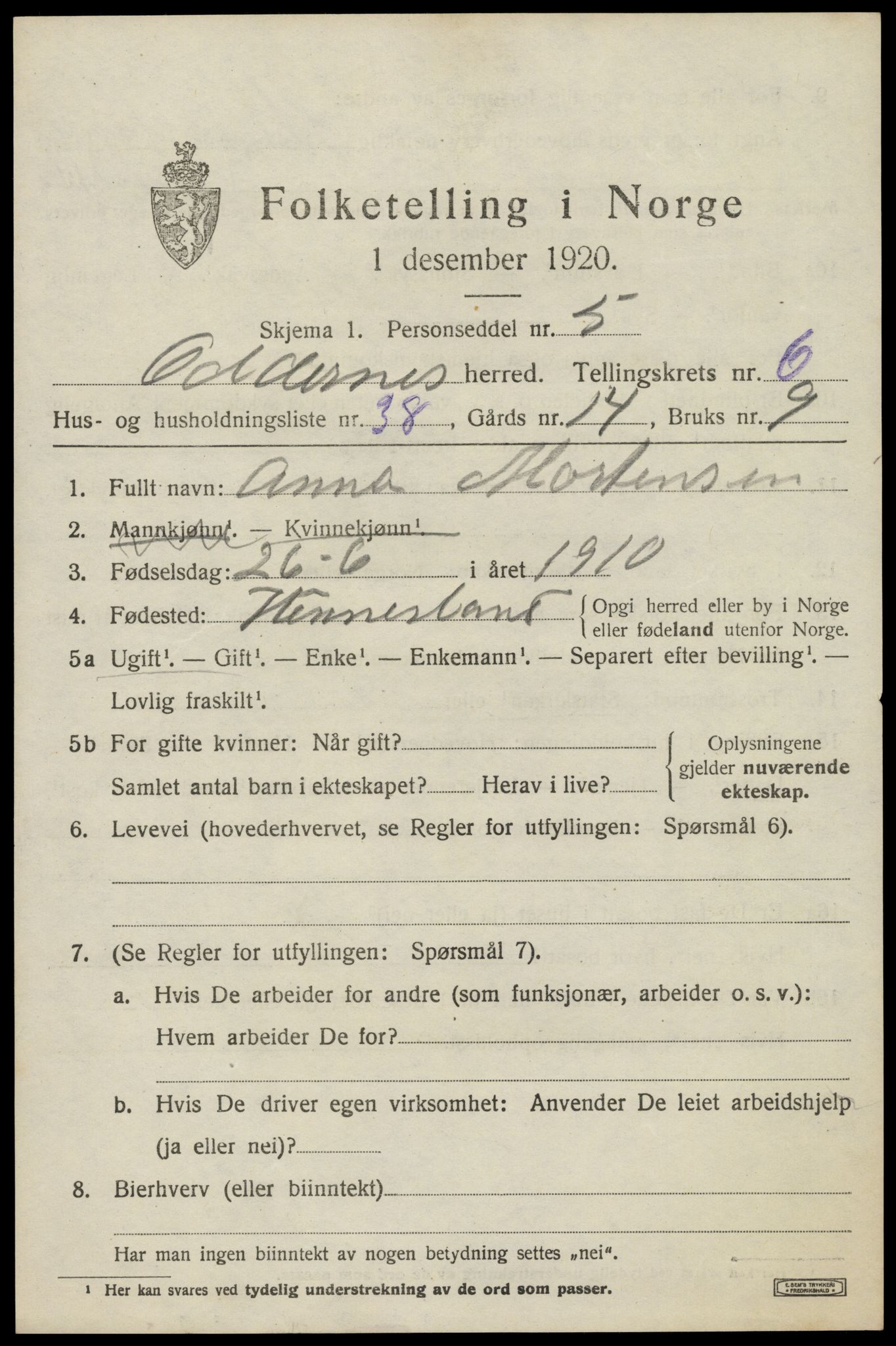 SAK, Folketelling 1920 for 1012 Oddernes herred, 1920, s. 5379