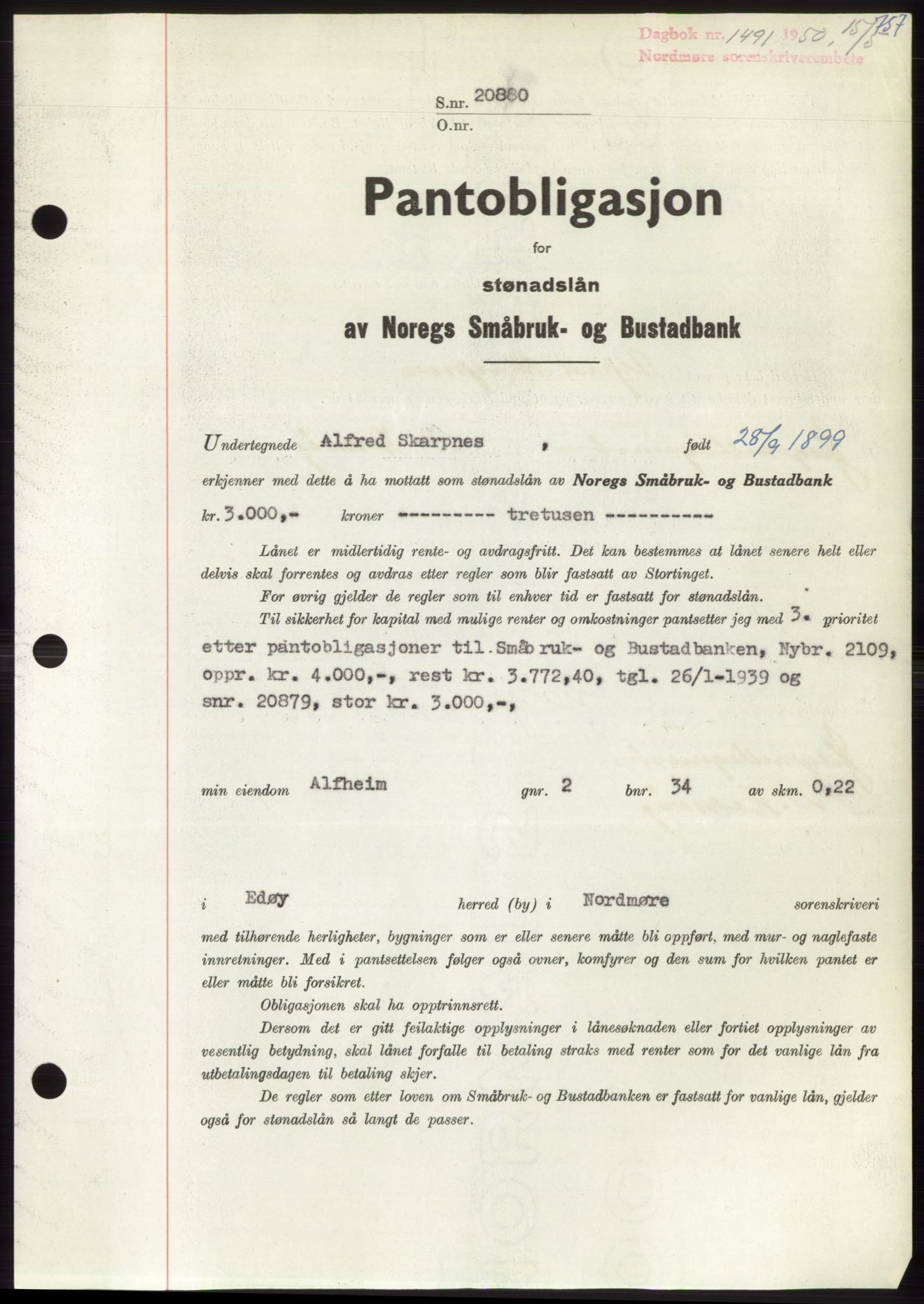 Nordmøre sorenskriveri, SAT/A-4132/1/2/2Ca: Pantebok nr. B104, 1950-1950, Dagboknr: 1491/1950