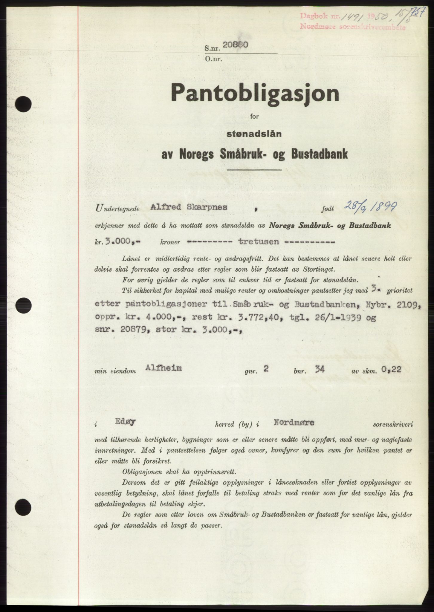 Nordmøre sorenskriveri, AV/SAT-A-4132/1/2/2Ca: Pantebok nr. B104, 1950-1950, Dagboknr: 1491/1950