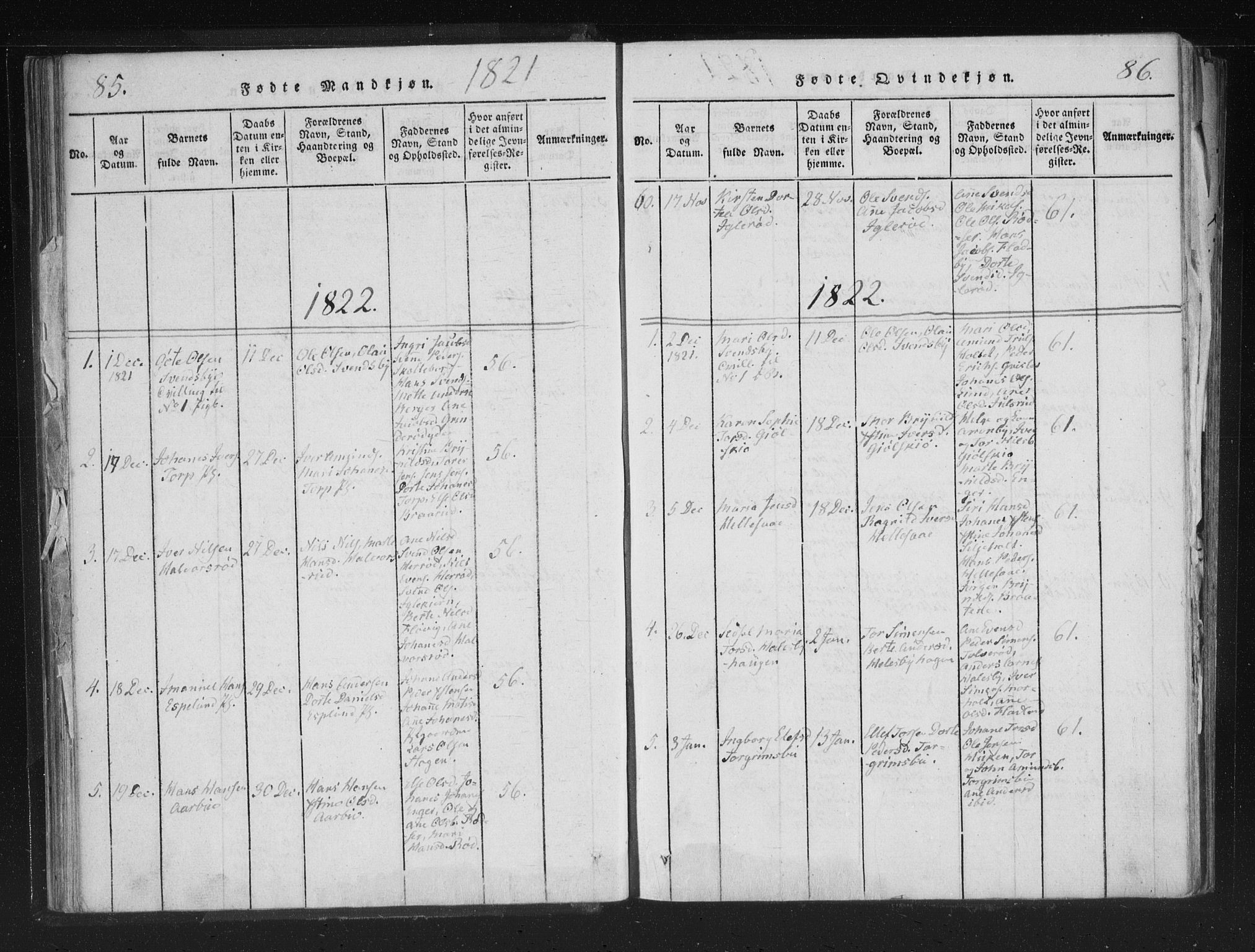 Aremark prestekontor Kirkebøker, AV/SAO-A-10899/F/Fc/L0001: Ministerialbok nr. III 1, 1814-1834, s. 85-86