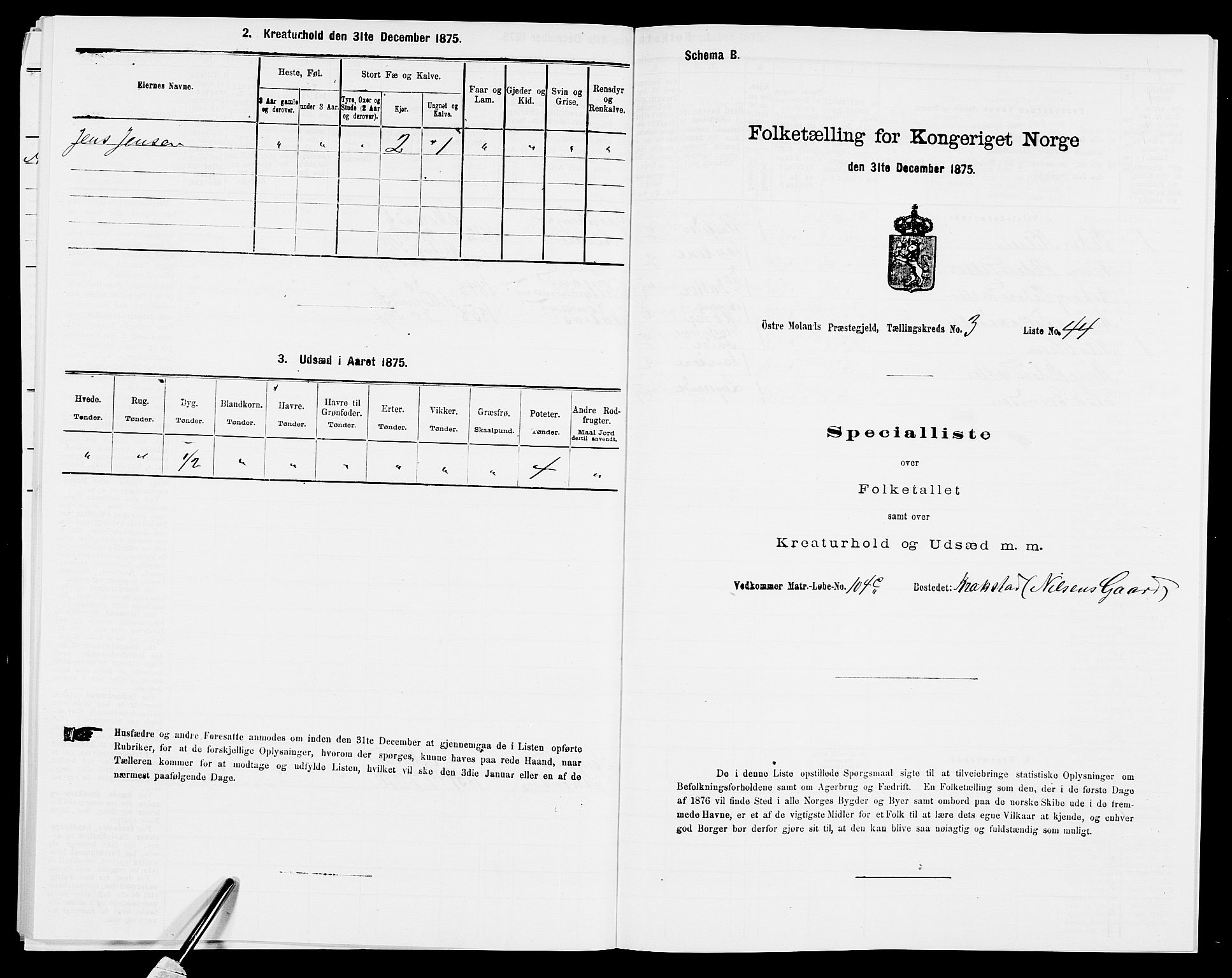 SAK, Folketelling 1875 for 0918P Austre Moland prestegjeld, 1875, s. 3130