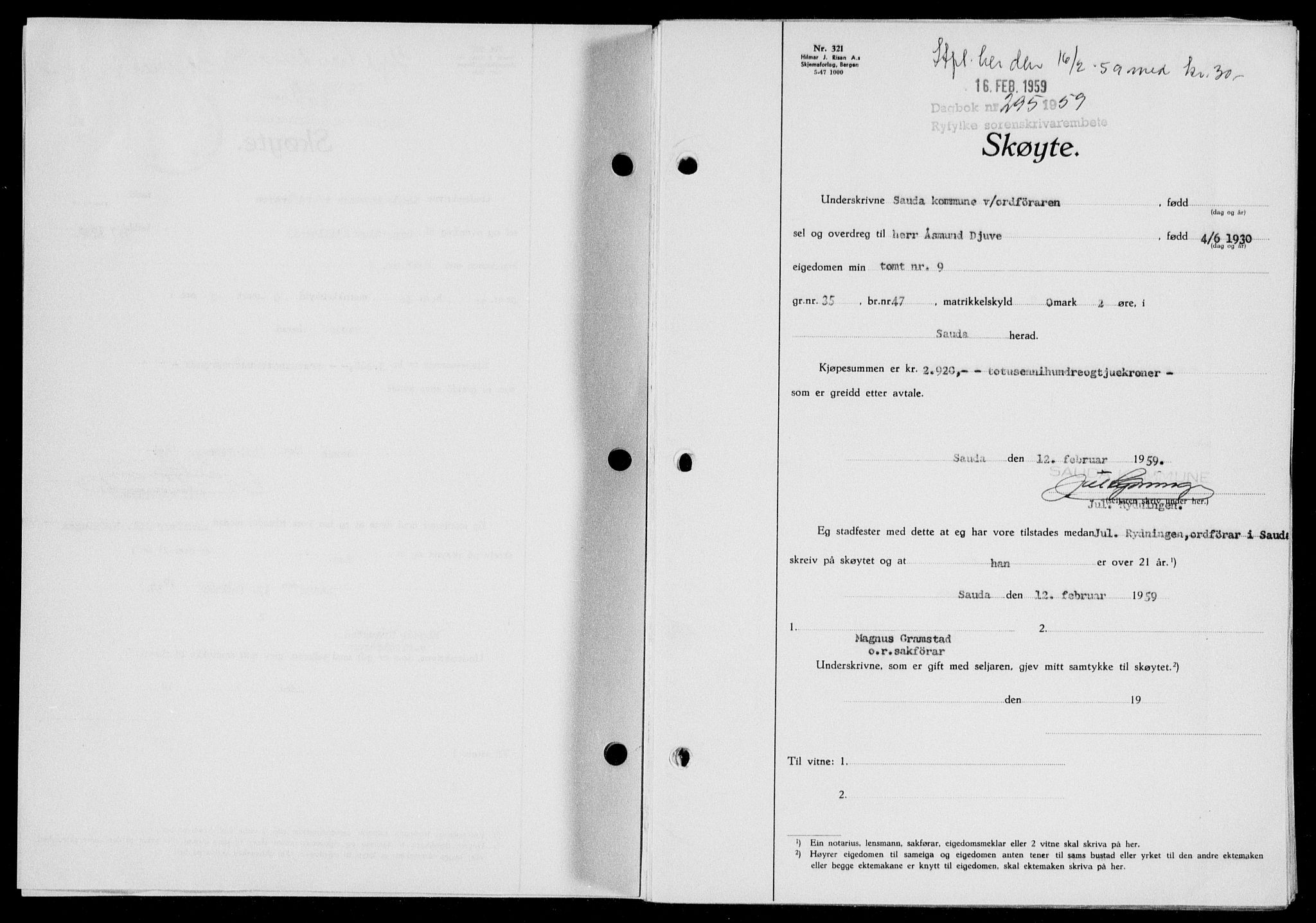 Ryfylke tingrett, SAST/A-100055/001/II/IIB/L0146: Pantebok nr. 125, 1965-1959, Dagboknr: 295/1959