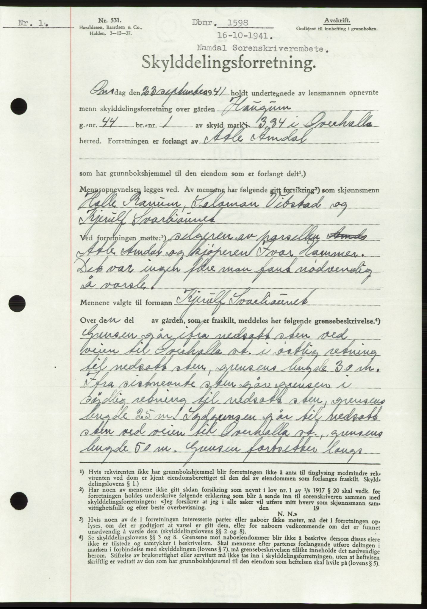 Namdal sorenskriveri, SAT/A-4133/1/2/2C: Pantebok nr. -, 1941-1942, Dagboknr: 1598/1941