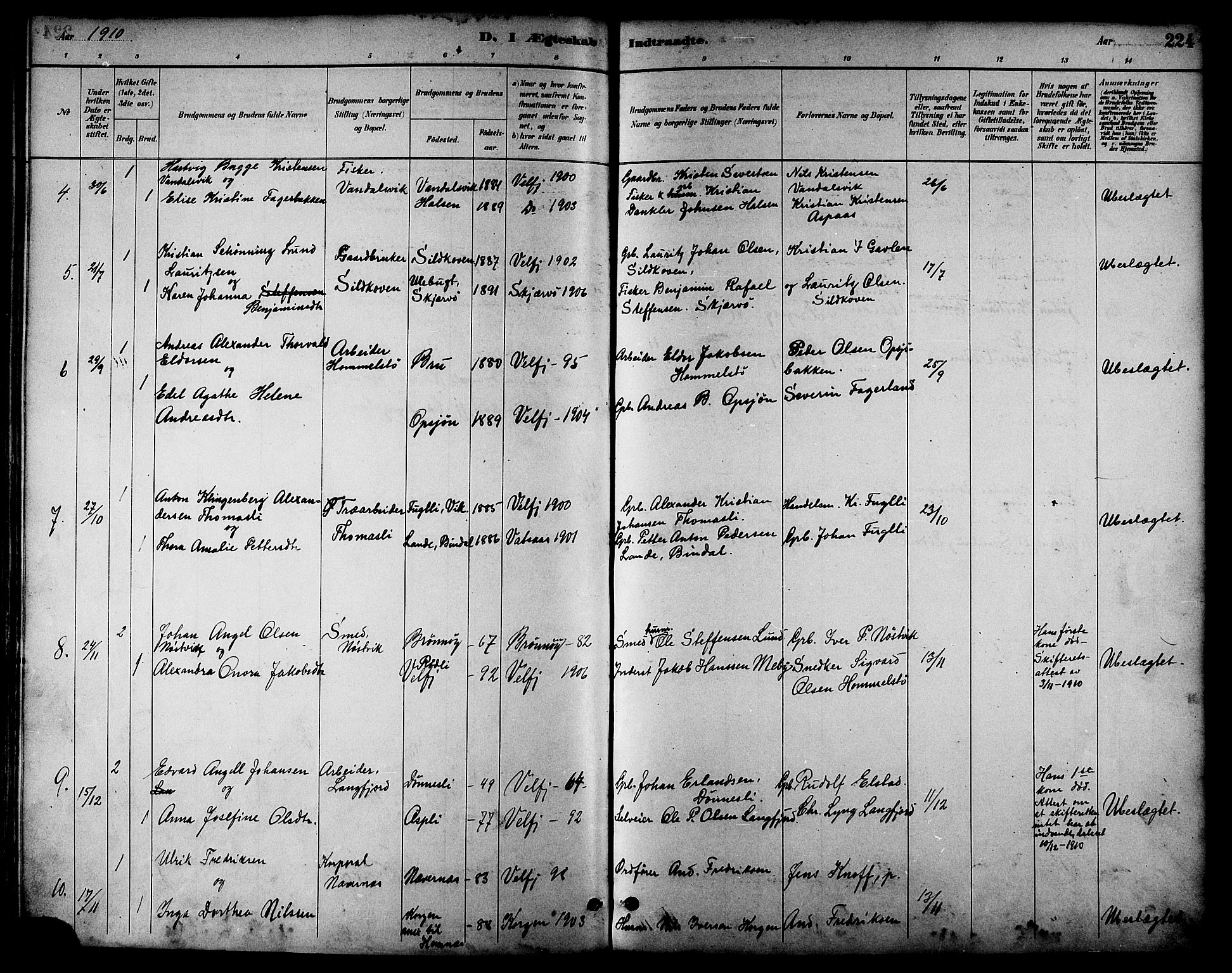 Ministerialprotokoller, klokkerbøker og fødselsregistre - Nordland, AV/SAT-A-1459/814/L0230: Klokkerbok nr. 814C03, 1884-1911, s. 224