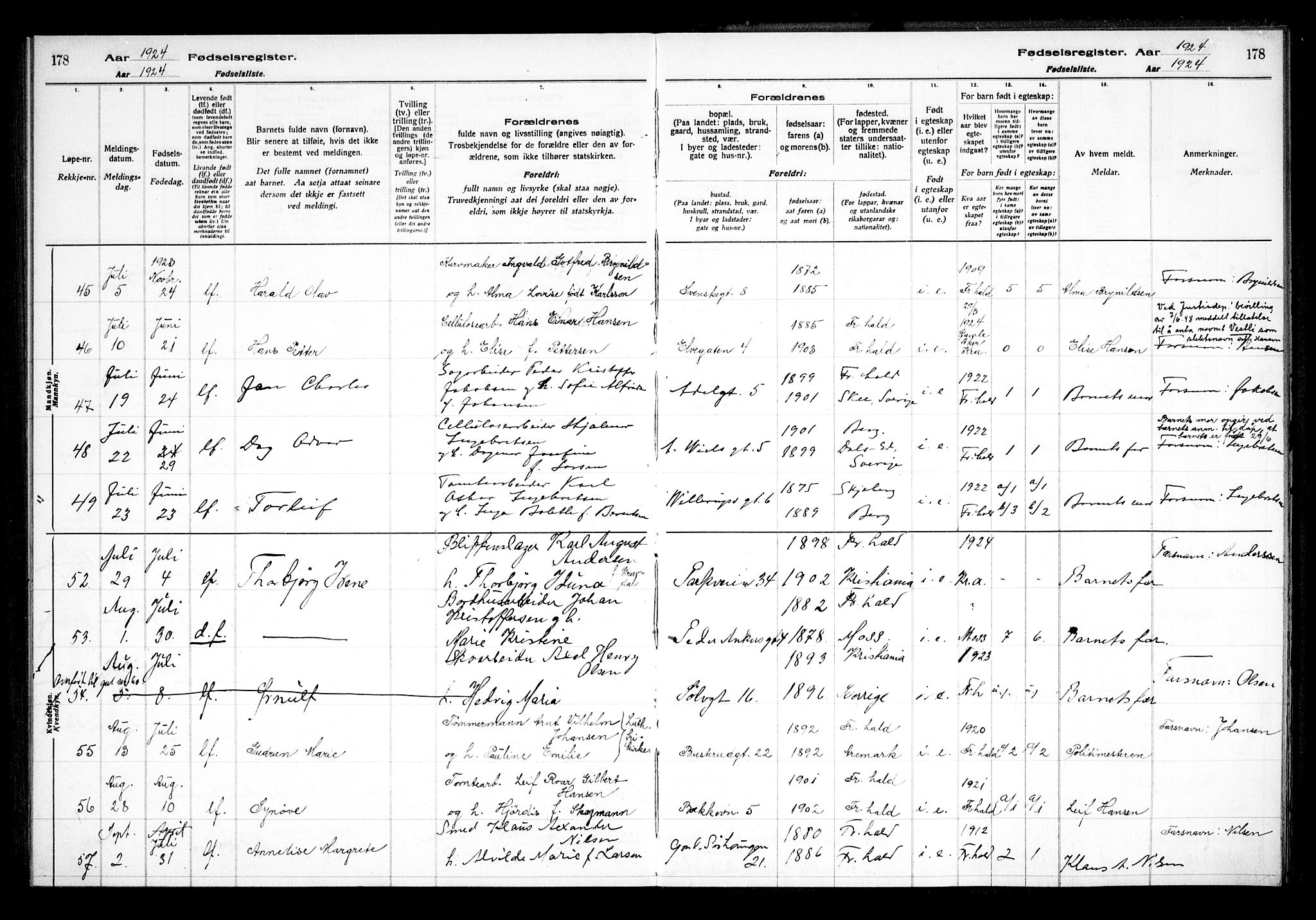 Halden prestekontor Kirkebøker, AV/SAO-A-10909/J/Ja/L0001: Fødselsregister nr. I 1, 1916-1925, s. 178