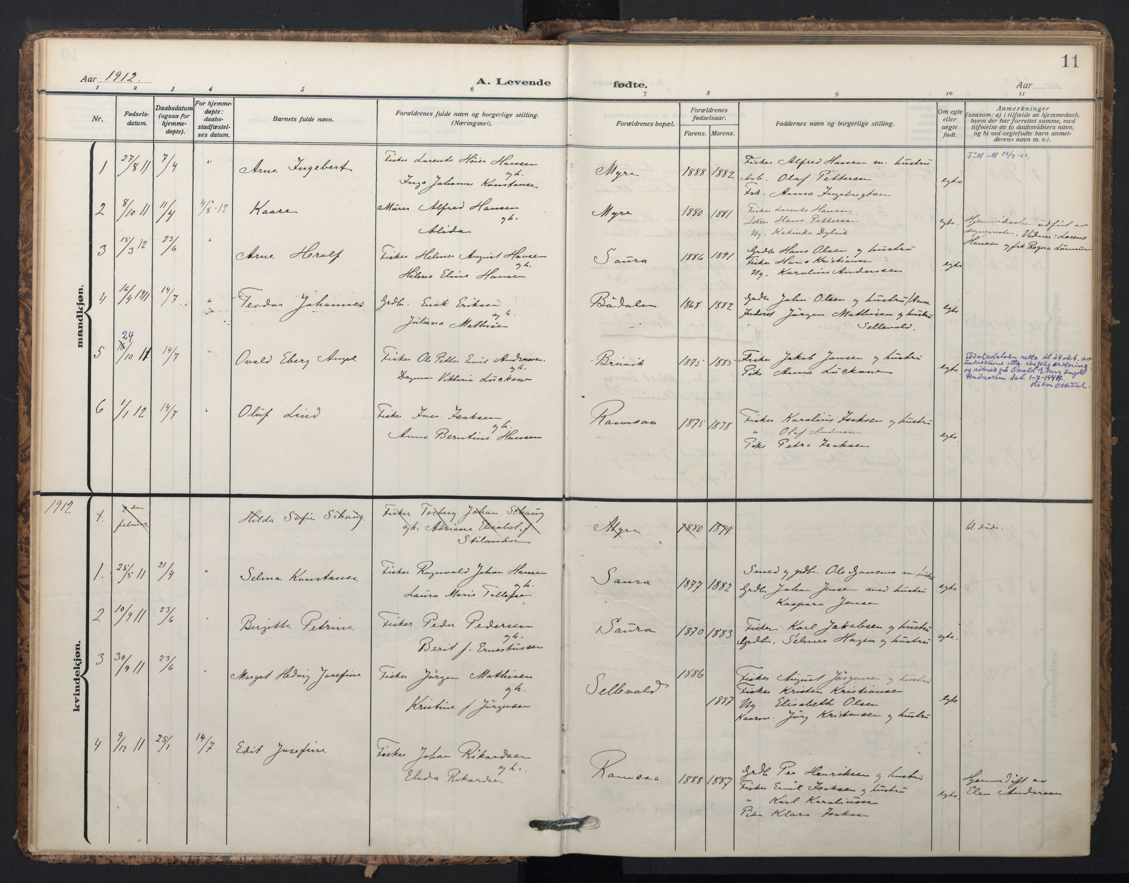 Ministerialprotokoller, klokkerbøker og fødselsregistre - Nordland, AV/SAT-A-1459/897/L1401: Ministerialbok nr. 897A08, 1909-1921, s. 11