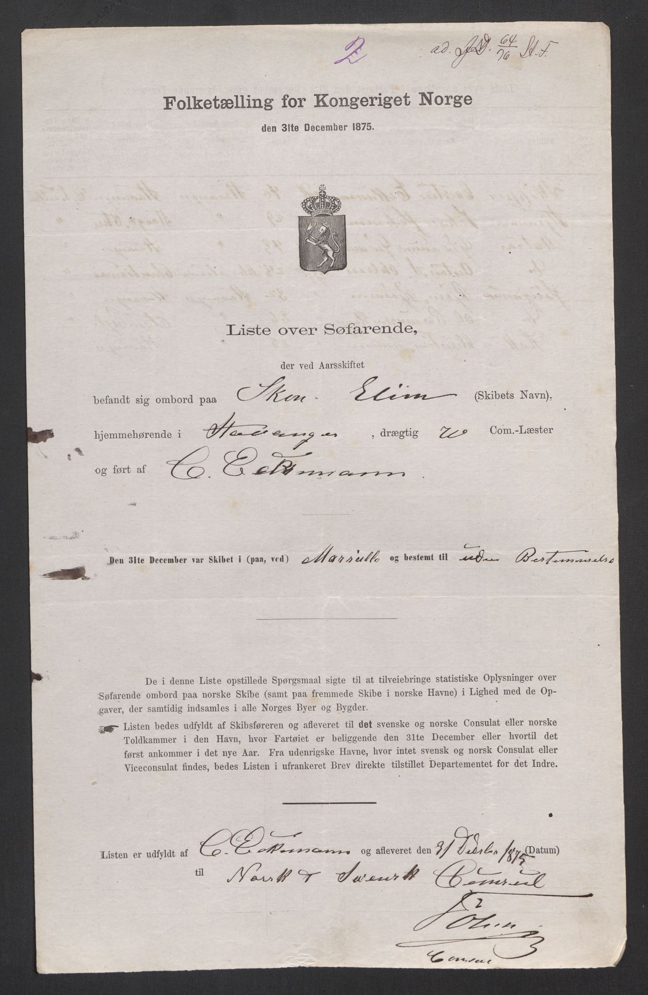 RA, Folketelling 1875, skipslister: Skip i utenrikske havner, hjemmehørende i 1) byer og ladesteder, Grimstad - Tromsø, 2) landdistrikter, 1875, s. 420