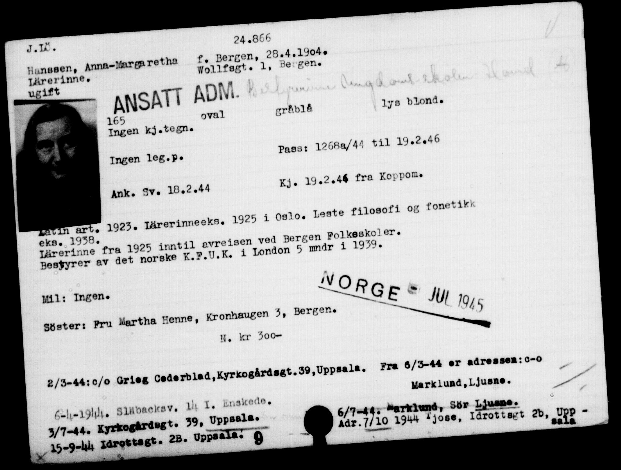 Utenriksstasjonene, Legasjonen i Stockholm, Flyktningkontoret, AV/RA-S-6753/V/Va/L0010: Kjesäterkartoteket, flyktninger med registreringsnr. 22000-25314, 1940-1945, s. 3010