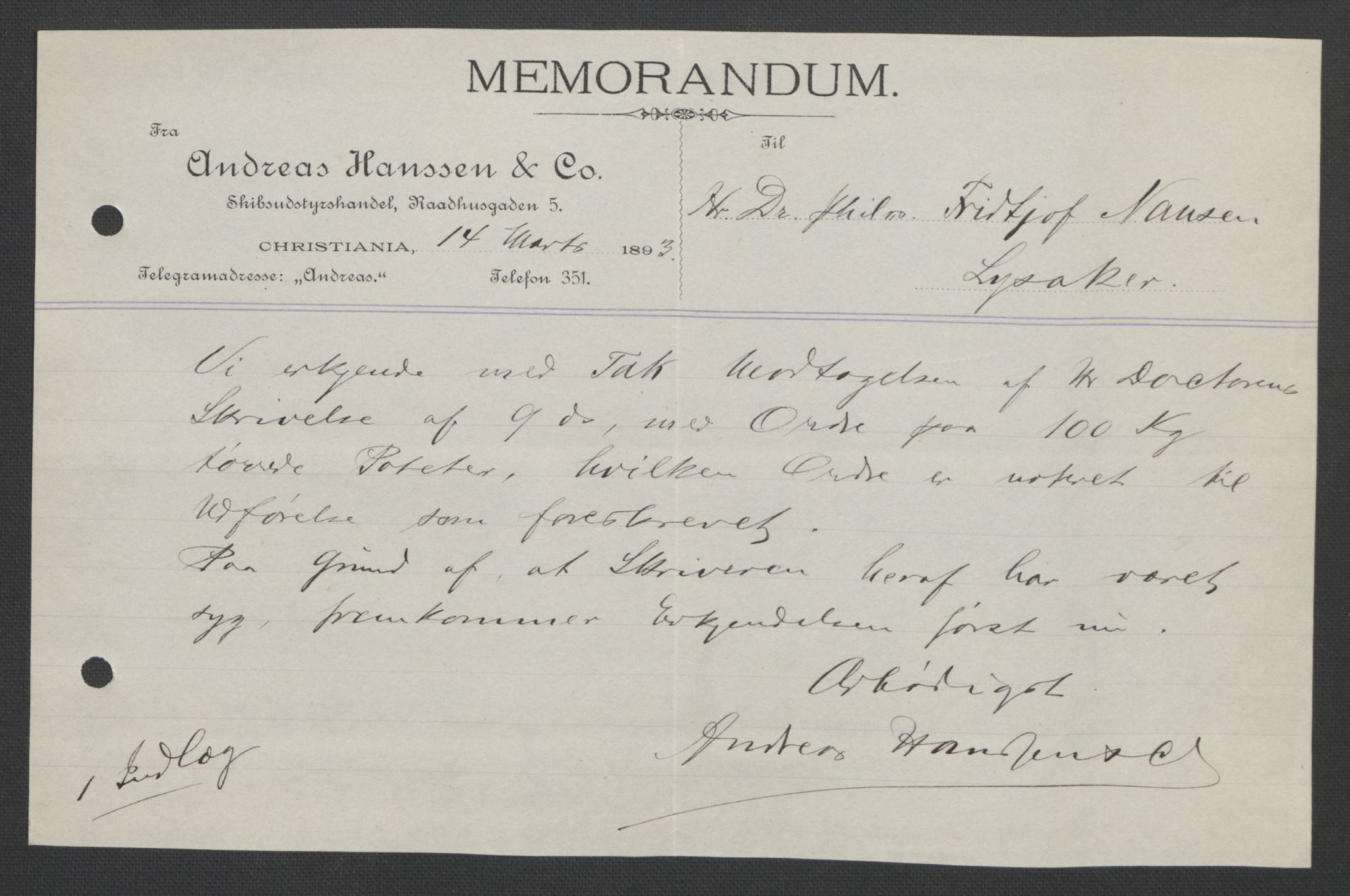 Arbeidskomitéen for Fridtjof Nansens polarekspedisjon, AV/RA-PA-0061/D/L0004: Innk. brev og telegrammer vedr. proviant og utrustning, 1892-1893, s. 197