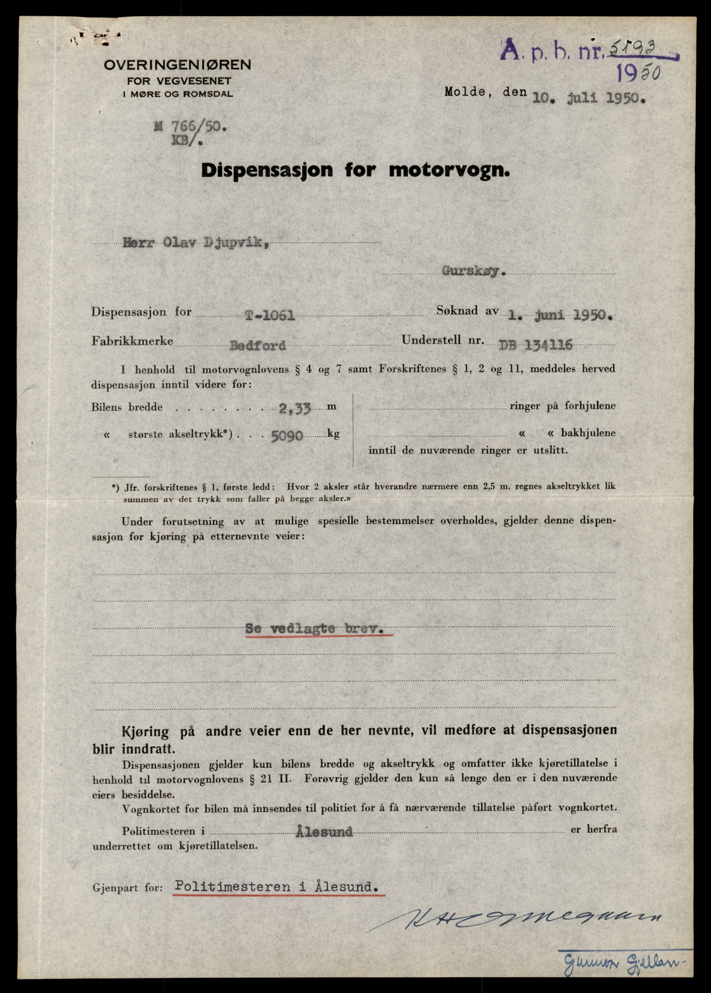 Møre og Romsdal vegkontor - Ålesund trafikkstasjon, AV/SAT-A-4099/F/Fe/L0010: Registreringskort for kjøretøy T 1050 - T 1169, 1927-1998, s. 320