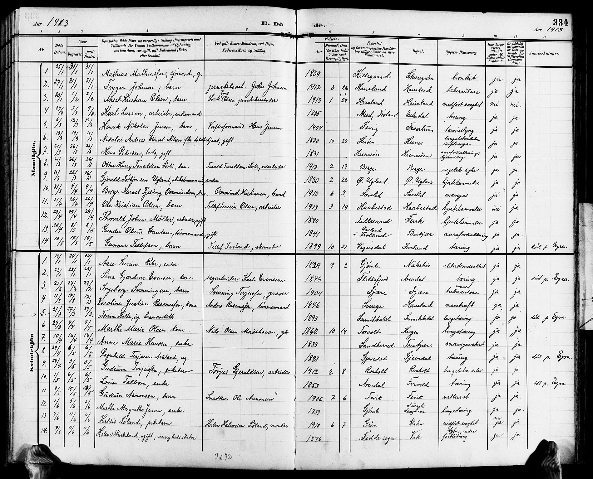 Fjære sokneprestkontor, AV/SAK-1111-0011/F/Fb/L0012: Klokkerbok nr. B 12, 1902-1925, s. 334