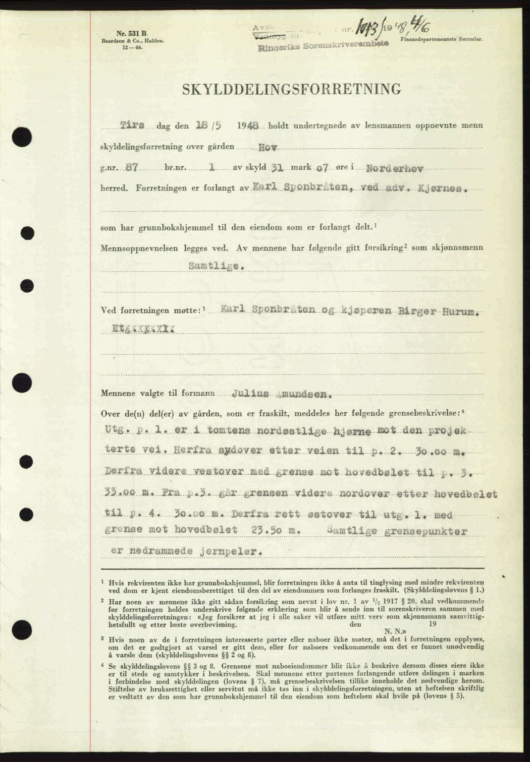 Ringerike sorenskriveri, SAKO/A-105/G/Ga/Gab/L0088: Pantebok nr. A-19, 1948-1948, Dagboknr: 1013/1948