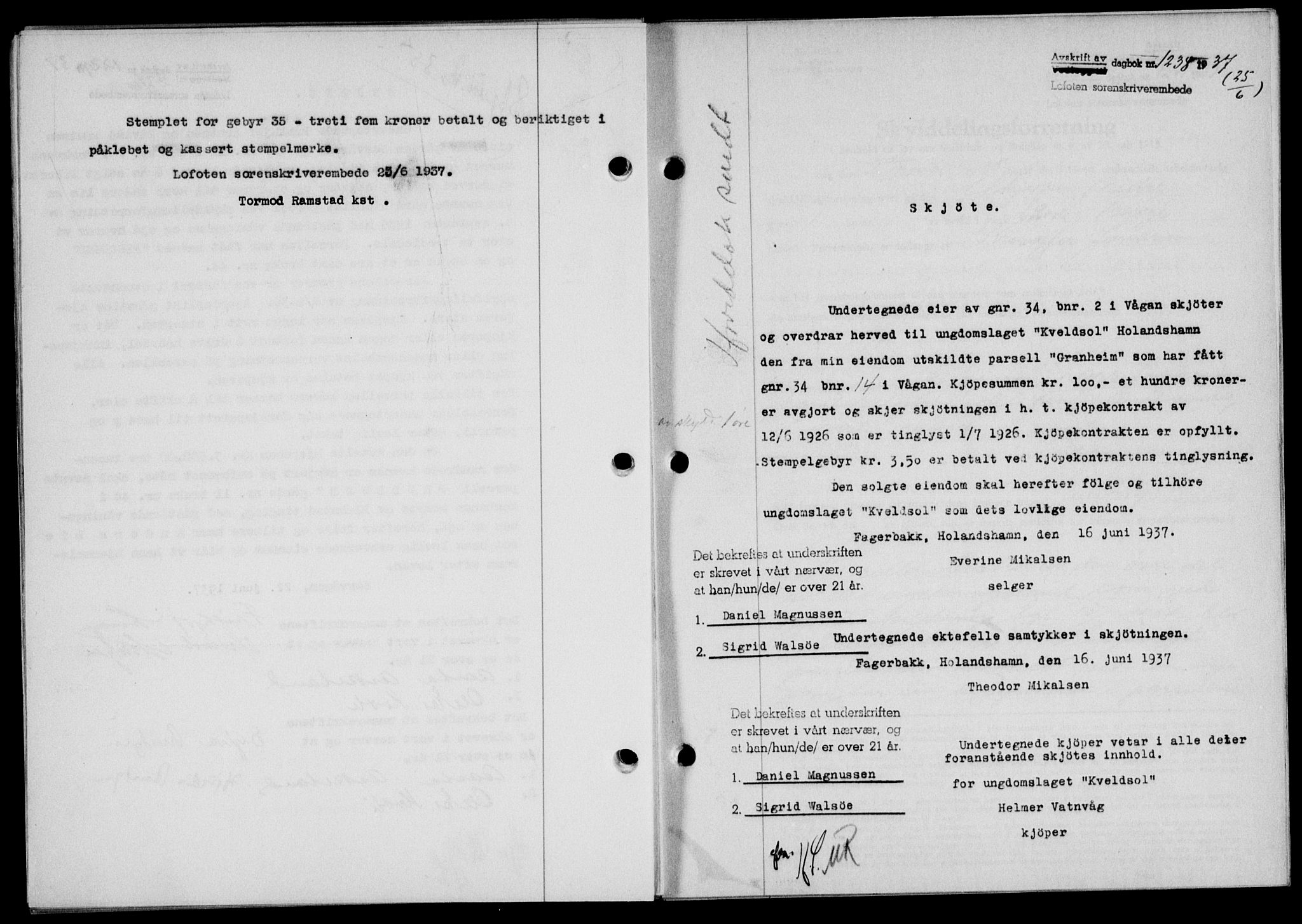 Lofoten sorenskriveri, SAT/A-0017/1/2/2C/L0002a: Pantebok nr. 2a, 1937-1937, Dagboknr: 1238/1937
