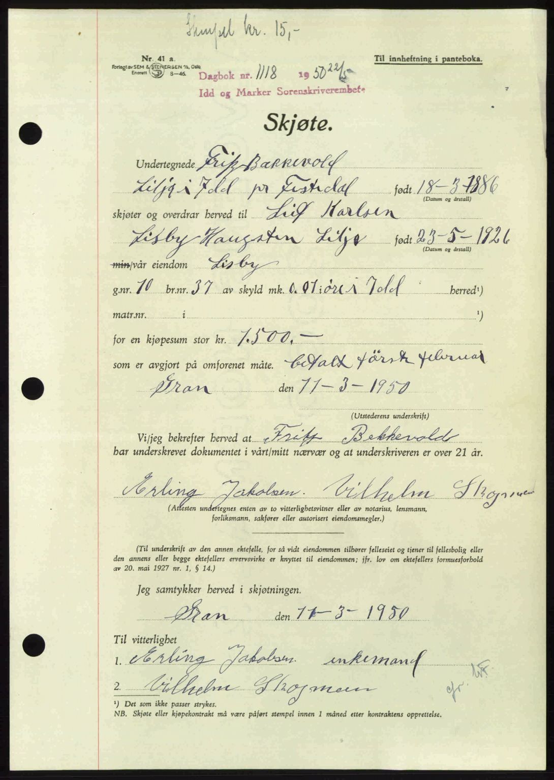 Idd og Marker sorenskriveri, AV/SAO-A-10283/G/Gb/Gbb/L0014: Pantebok nr. A14, 1950-1950, Dagboknr: 1118/1950