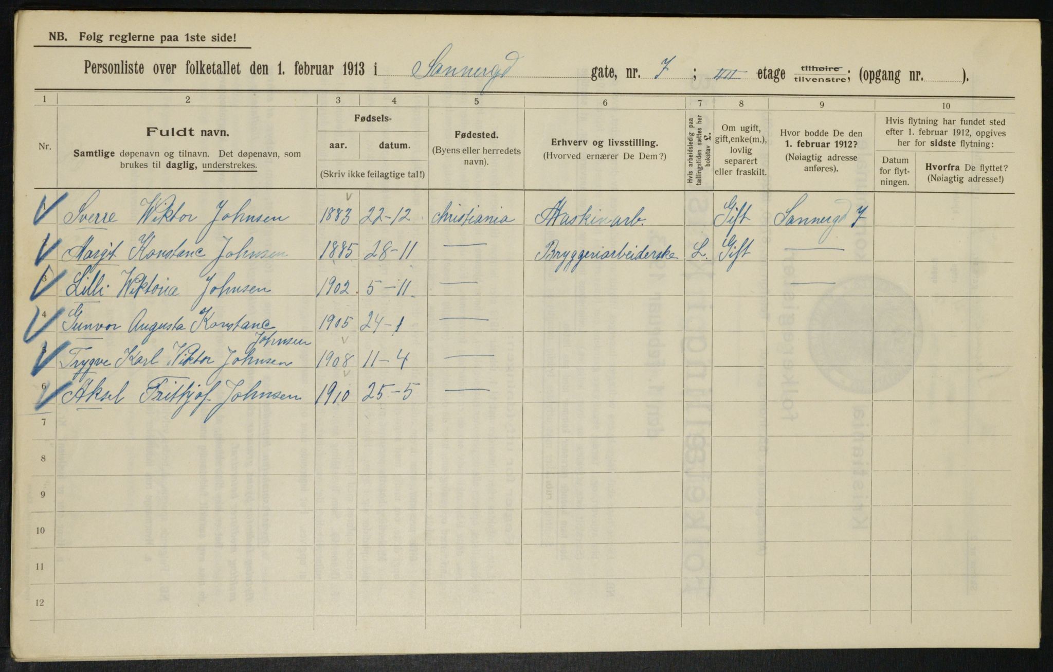 OBA, Kommunal folketelling 1.2.1913 for Kristiania, 1913, s. 88474