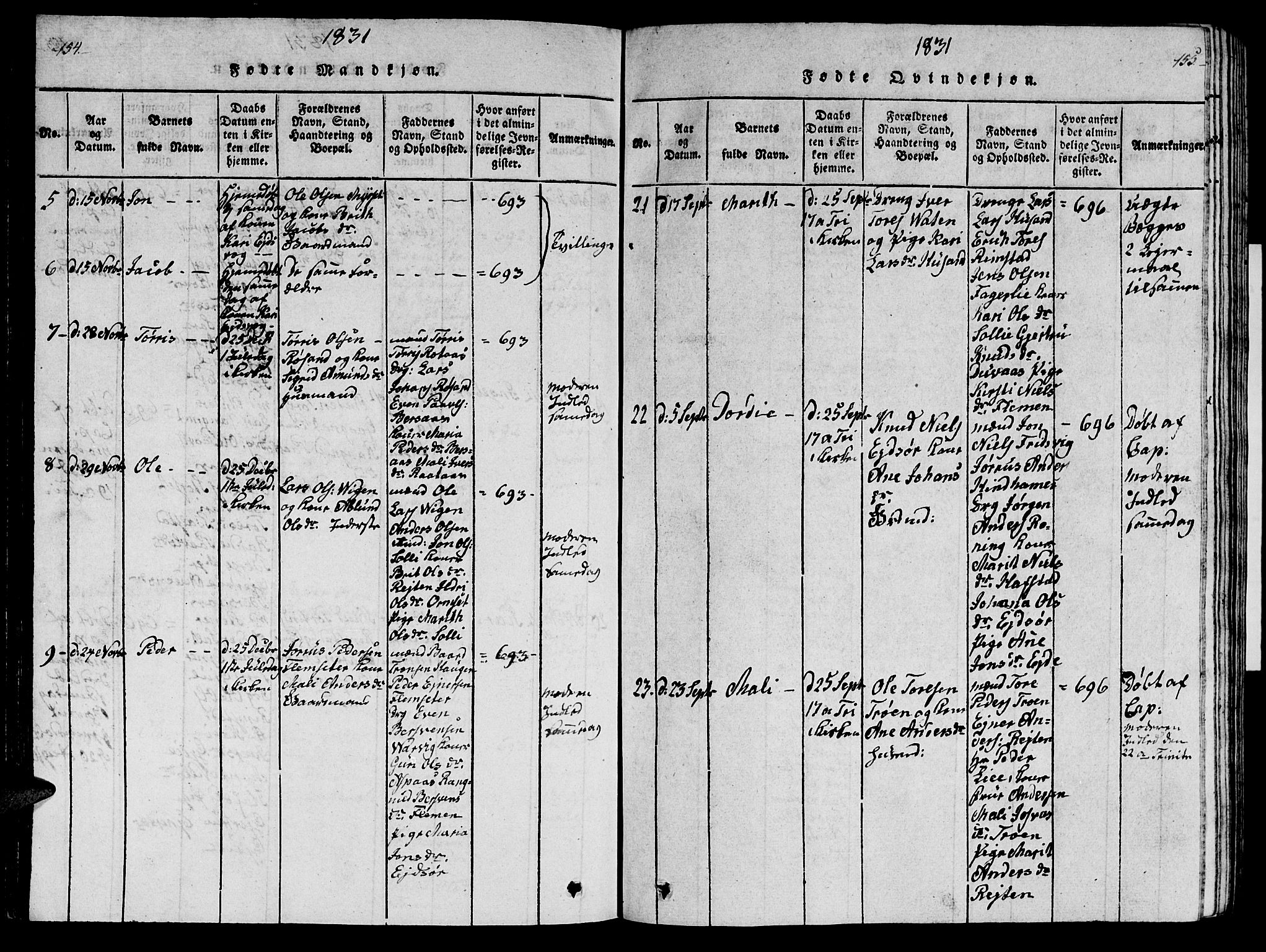 Ministerialprotokoller, klokkerbøker og fødselsregistre - Møre og Romsdal, AV/SAT-A-1454/586/L0990: Klokkerbok nr. 586C01, 1819-1837, s. 154-155