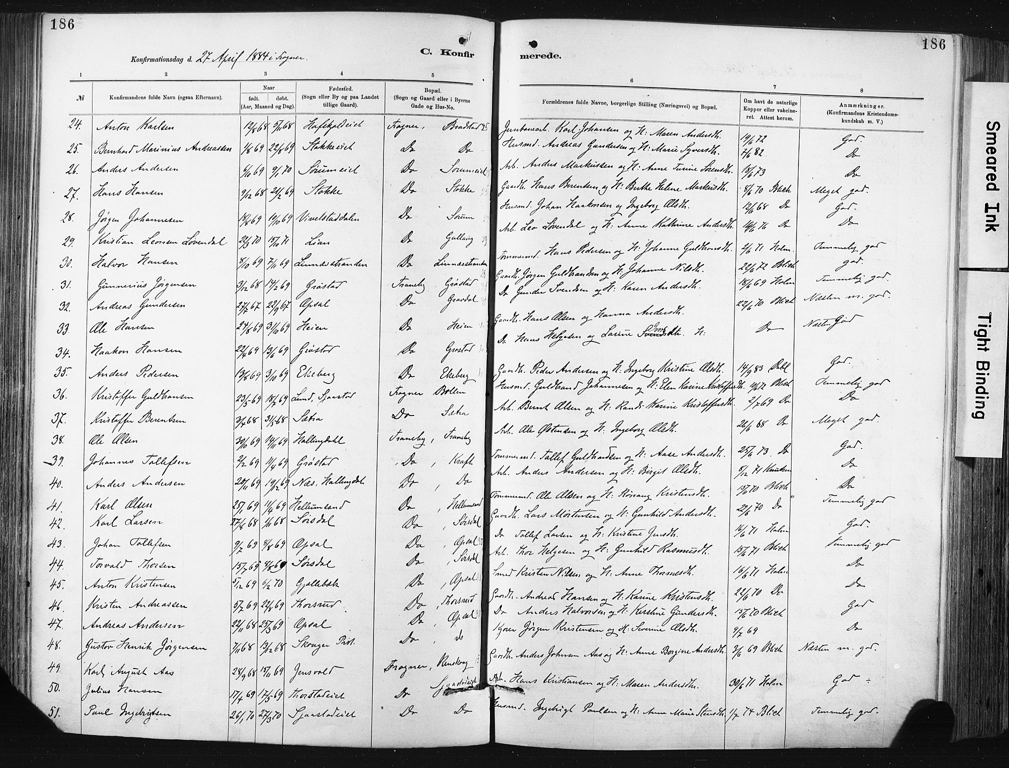 Lier kirkebøker, AV/SAKO-A-230/F/Fa/L0015: Ministerialbok nr. I 15, 1883-1894, s. 186