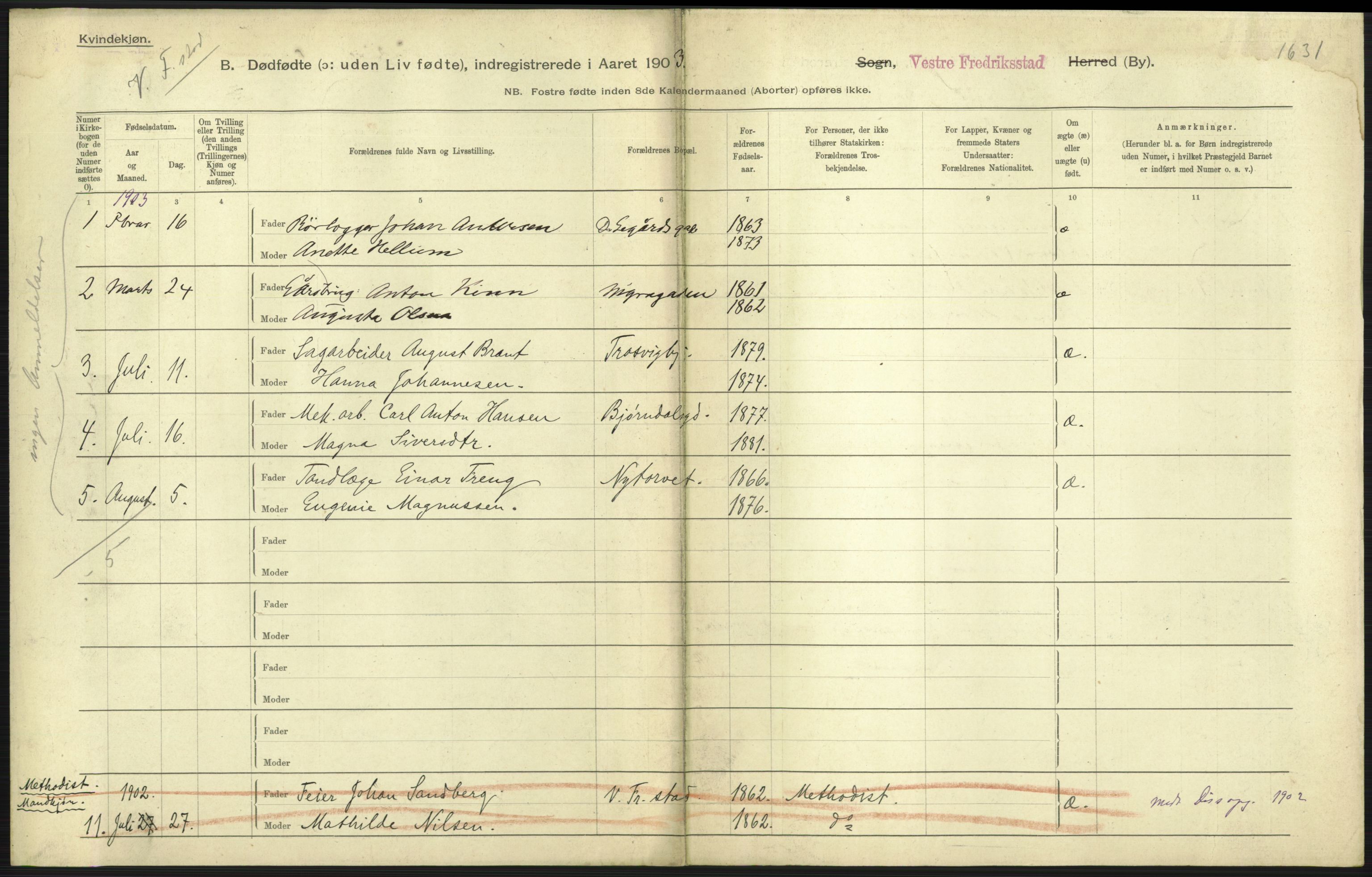 Statistisk sentralbyrå, Sosiodemografiske emner, Befolkning, RA/S-2228/D/Df/Dfa/Dfaa/L0026: Smålenenes - Finnmarkens amt: Dødfødte. Byer., 1903, s. 115