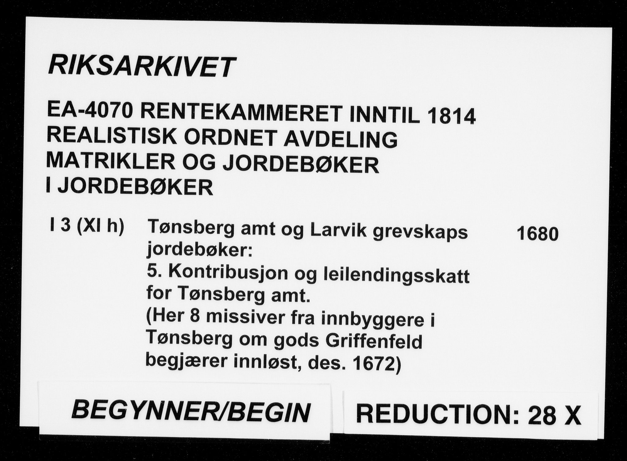 Rentekammeret inntil 1814, Realistisk ordnet avdeling, RA/EA-4070/N/Na/L0003/0005: [XI h]: Tønsbergs amt og Larvik grevskaps jordebøker: / Kontribusjon og leilendingsskatt for Tønsbergs amt., 1680