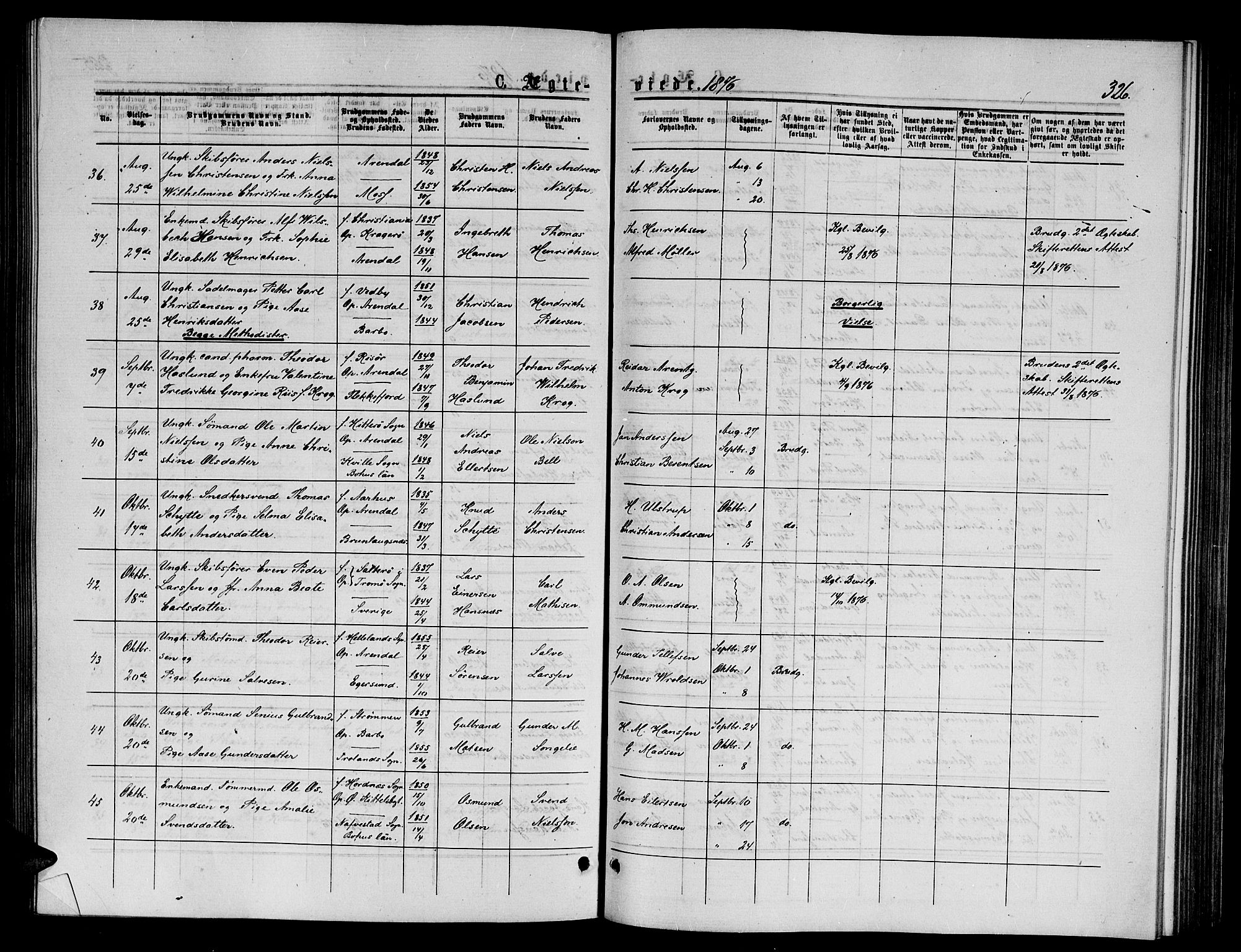 Arendal sokneprestkontor, Trefoldighet, AV/SAK-1111-0040/F/Fb/L0005: Klokkerbok nr. B 5, 1874-1888, s. 326