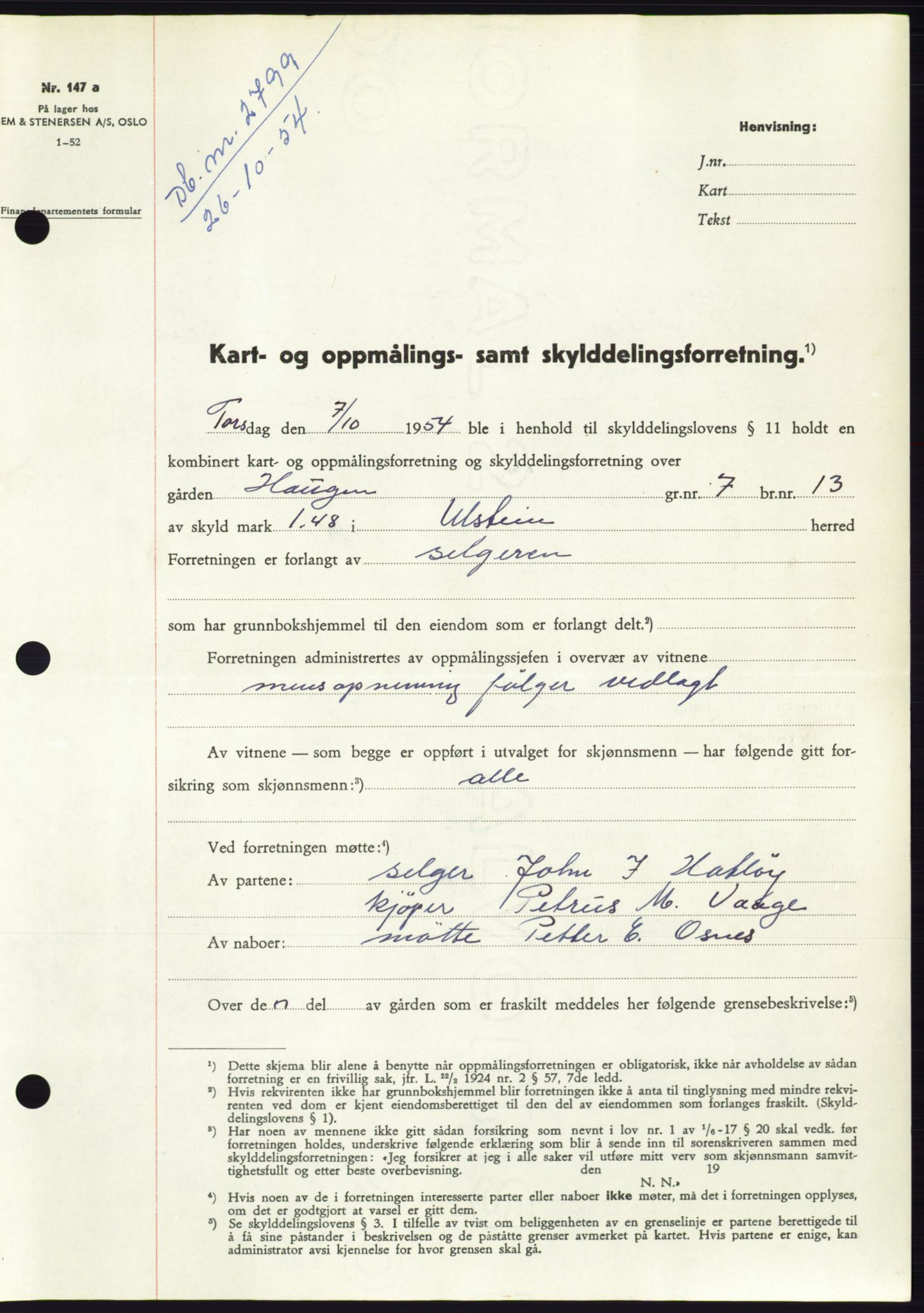 Søre Sunnmøre sorenskriveri, AV/SAT-A-4122/1/2/2C/L0099: Pantebok nr. 25A, 1954-1954, Dagboknr: 2799/1954