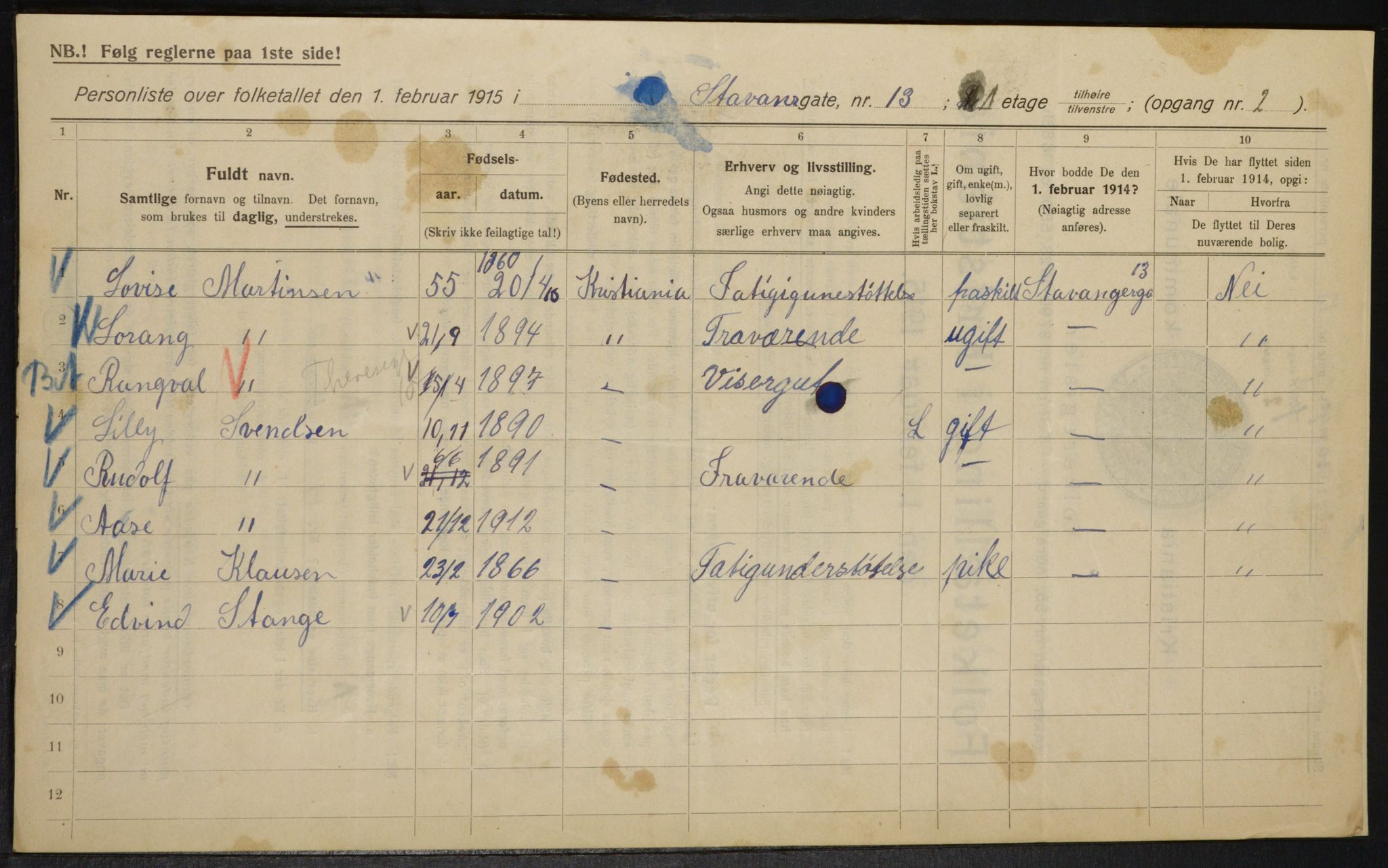 OBA, Kommunal folketelling 1.2.1915 for Kristiania, 1915, s. 100794