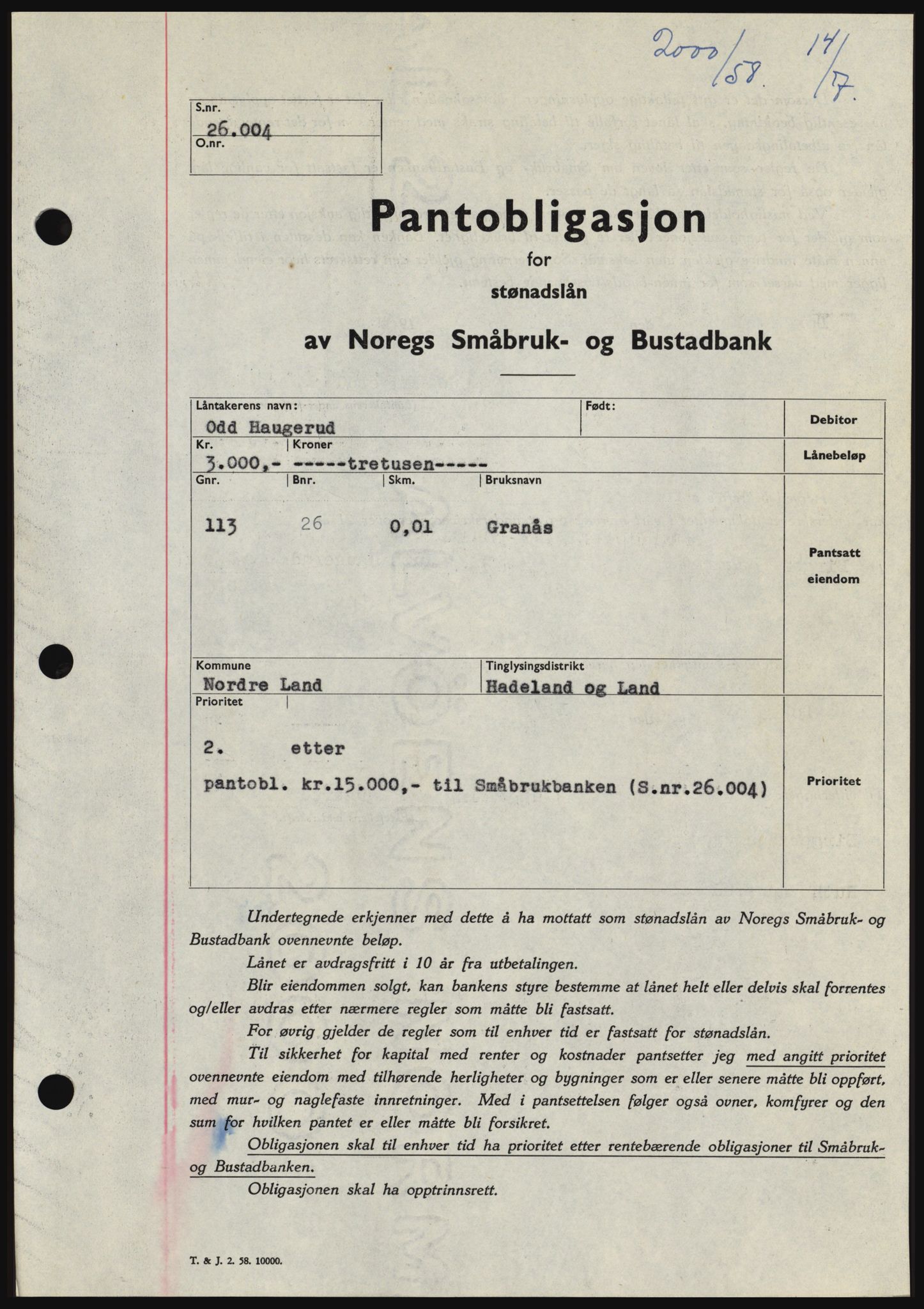 Hadeland og Land tingrett, SAH/TING-010/H/Hb/Hbc/L0038: Pantebok nr. B38, 1958-1958, Dagboknr: 2000/1958