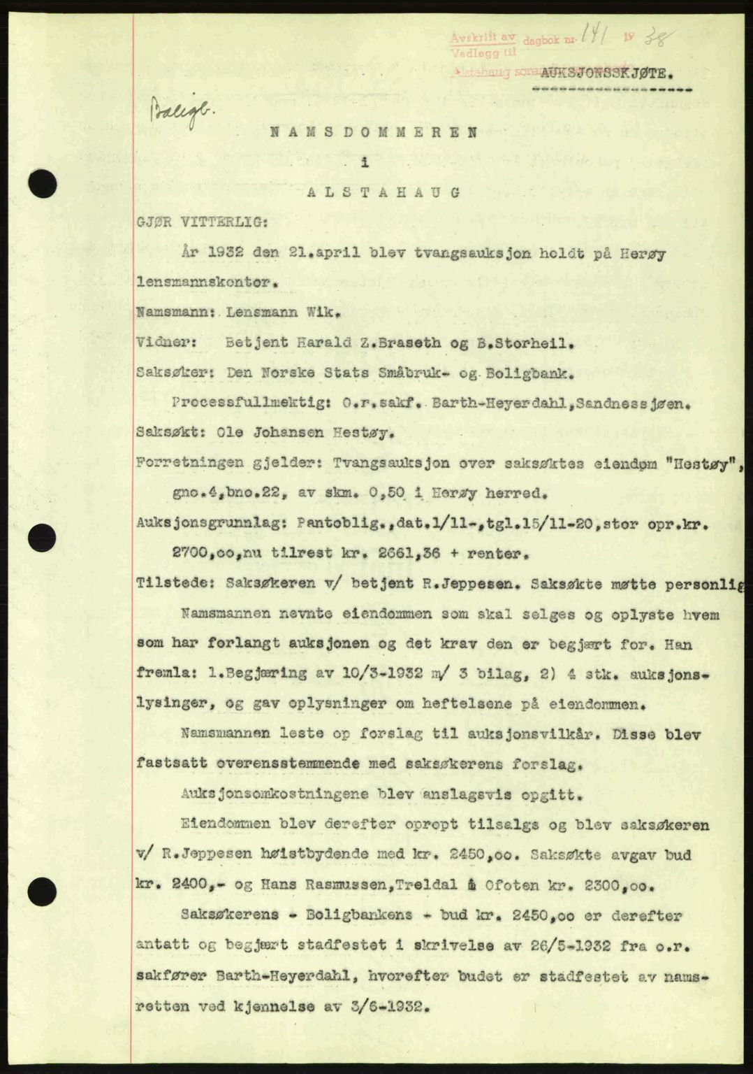 Alstahaug sorenskriveri, SAT/A-1009: Pantebok nr. A3, 1937-1938, Dagboknr: 141/1938