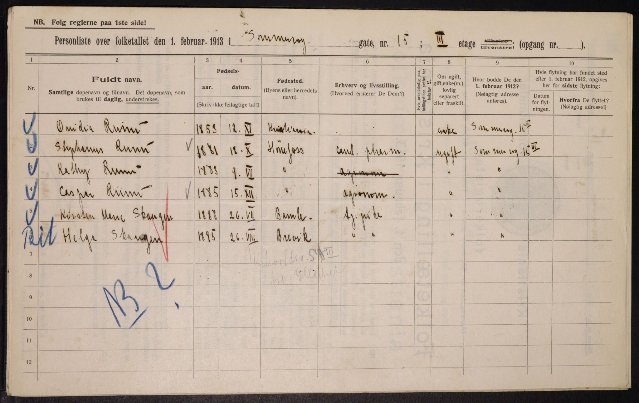 OBA, Kommunal folketelling 1.2.1913 for Kristiania, 1913, s. 99755