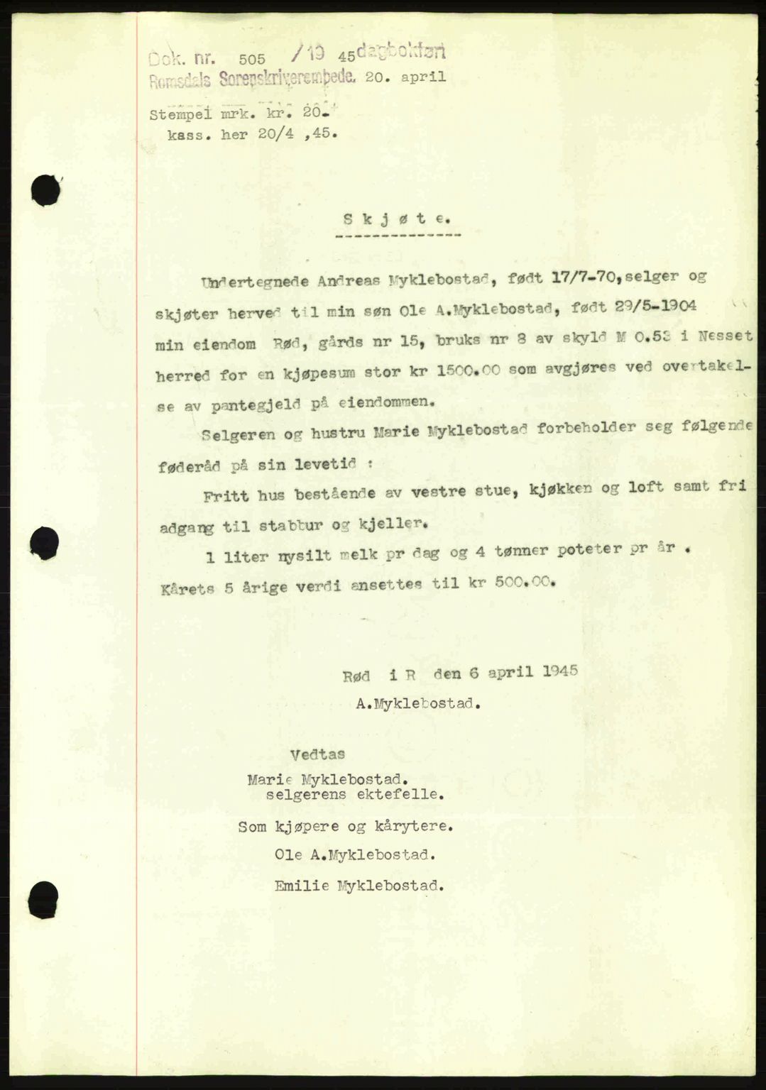 Romsdal sorenskriveri, SAT/A-4149/1/2/2C: Pantebok nr. A17, 1944-1945, Dagboknr: 505/1945