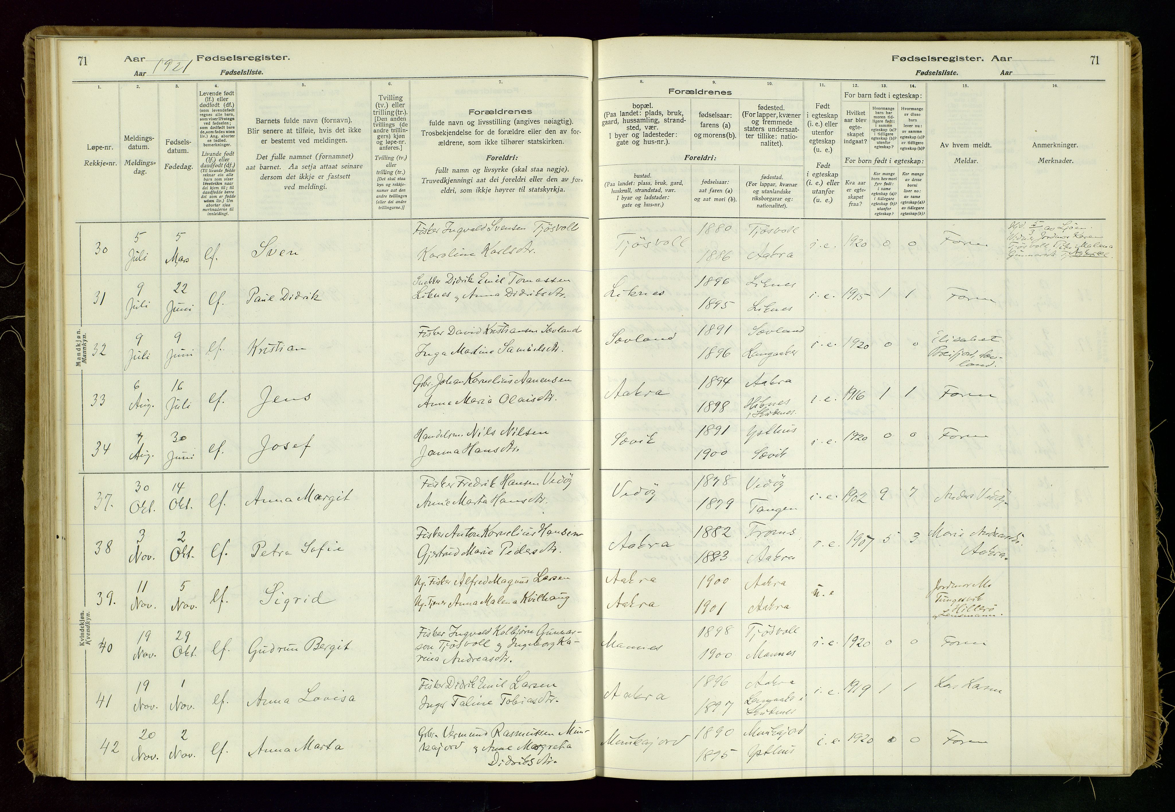 Kopervik sokneprestkontor, AV/SAST-A-101850/I/Id/L0006: Fødselsregister nr. 6, 1916-1934, s. 71