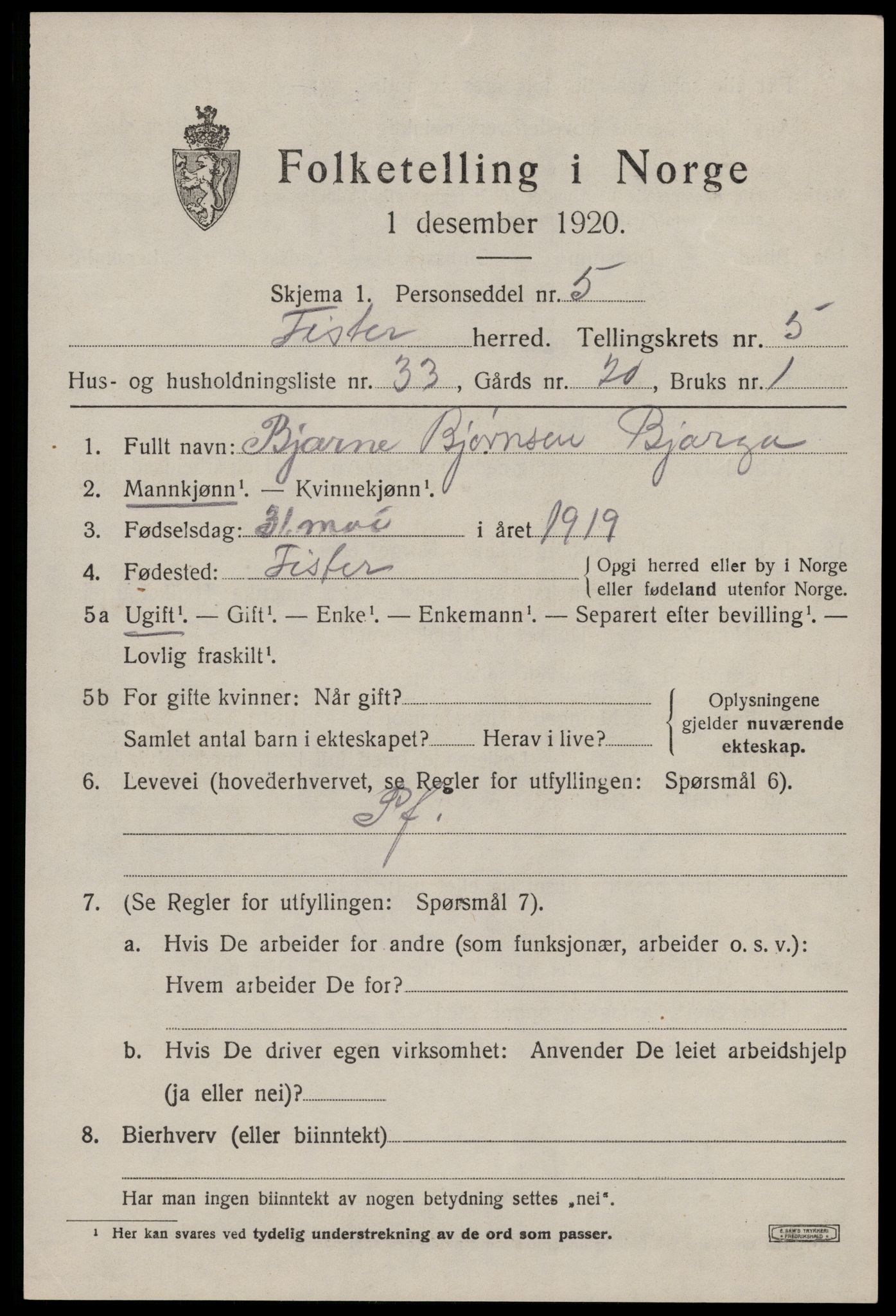 SAST, Folketelling 1920 for 1132 Fister herred, 1920, s. 1653