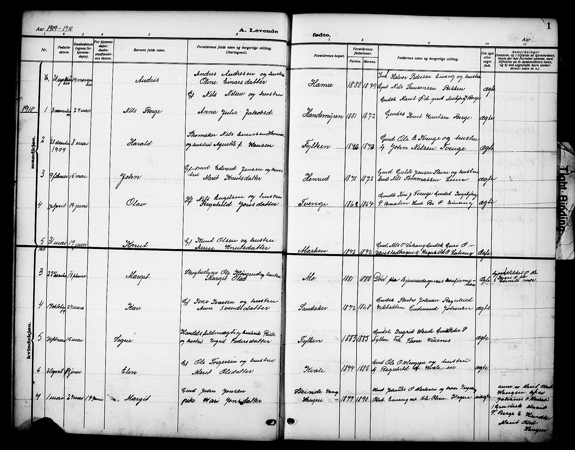 Vestre Slidre prestekontor, AV/SAH-PREST-136/H/Ha/Hab/L0007: Klokkerbok nr. 7, 1909-1930, s. 1