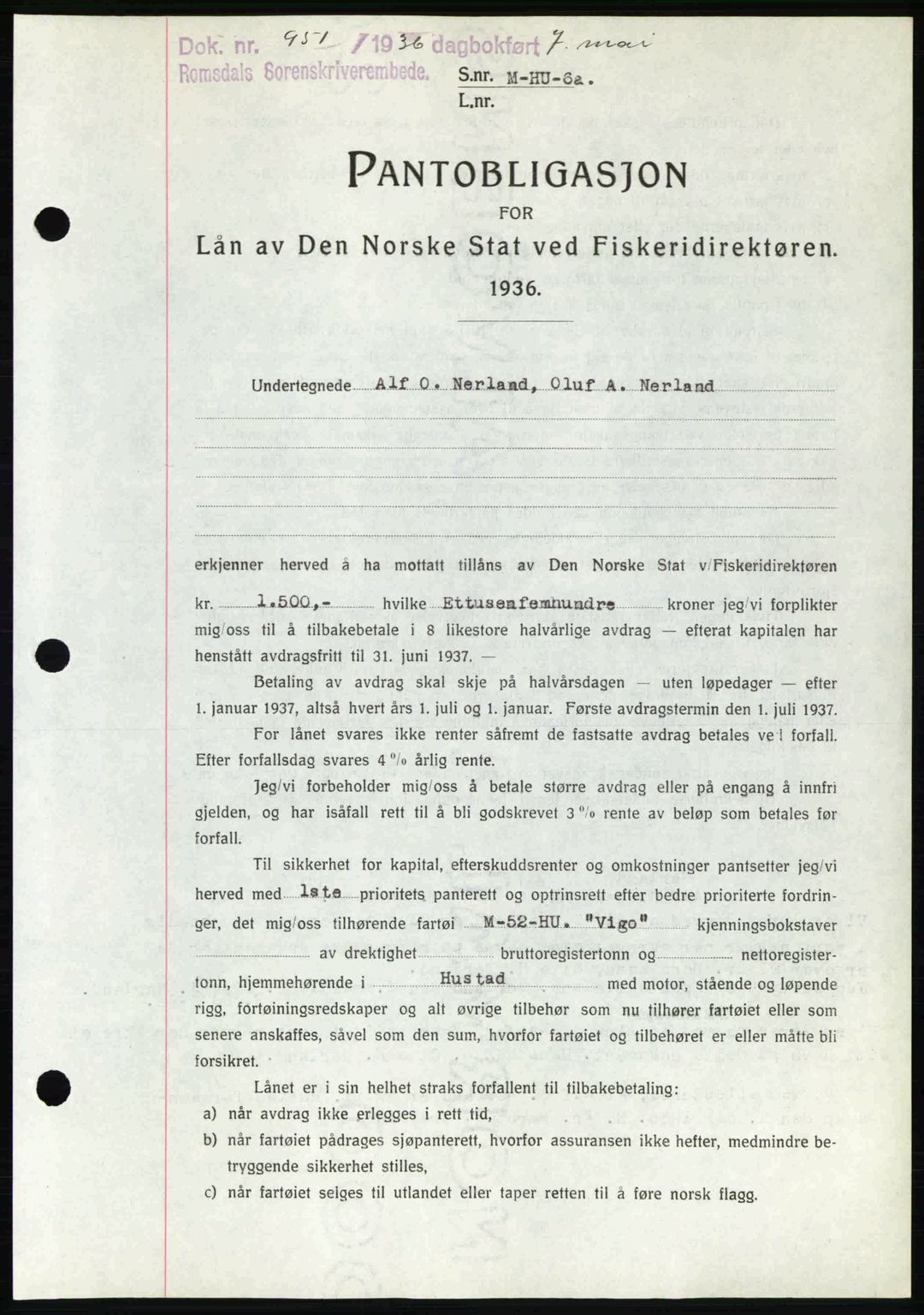Romsdal sorenskriveri, SAT/A-4149/1/2/2C: Pantebok nr. B1, 1936-1939, Dagboknr: 951/1936