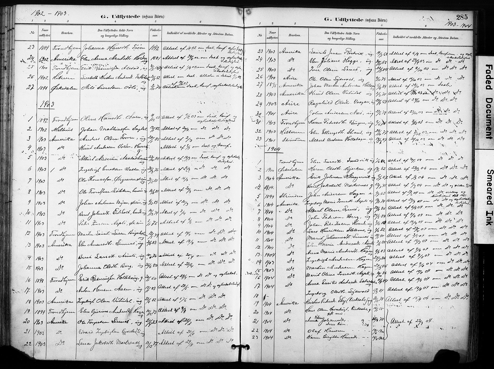 Ministerialprotokoller, klokkerbøker og fødselsregistre - Sør-Trøndelag, AV/SAT-A-1456/630/L0497: Ministerialbok nr. 630A10, 1896-1910, s. 285