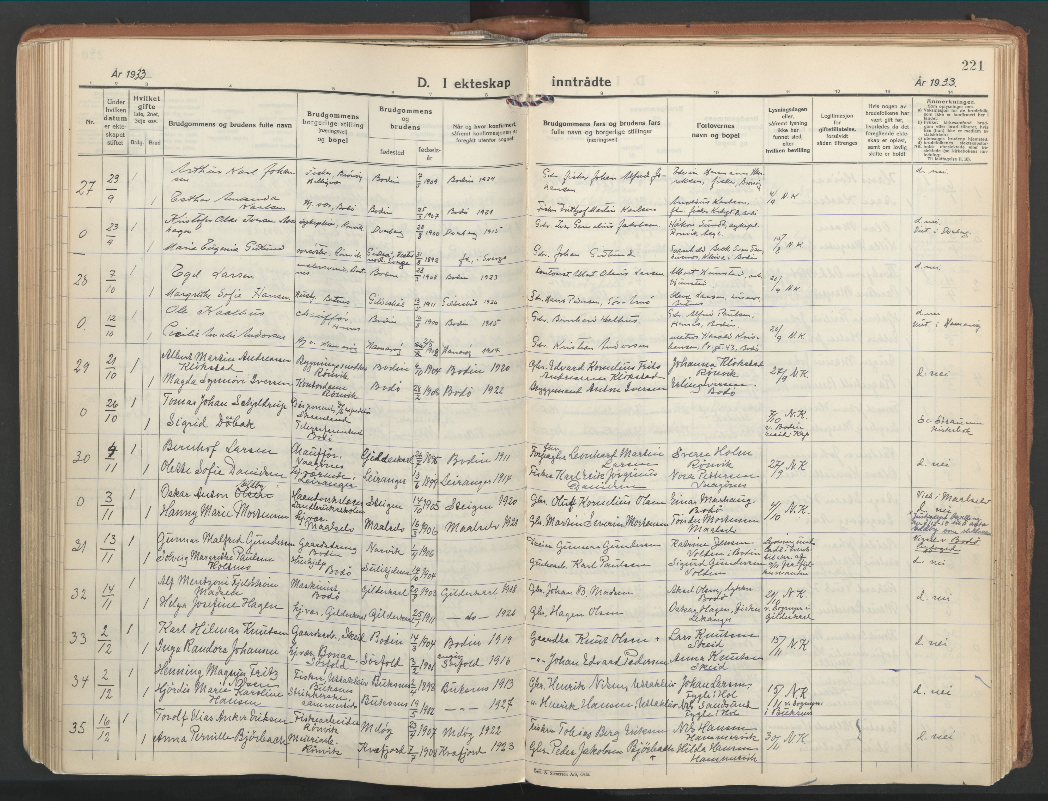 Ministerialprotokoller, klokkerbøker og fødselsregistre - Nordland, AV/SAT-A-1459/802/L0061: Ministerialbok nr. 802A08, 1933-1946, s. 221