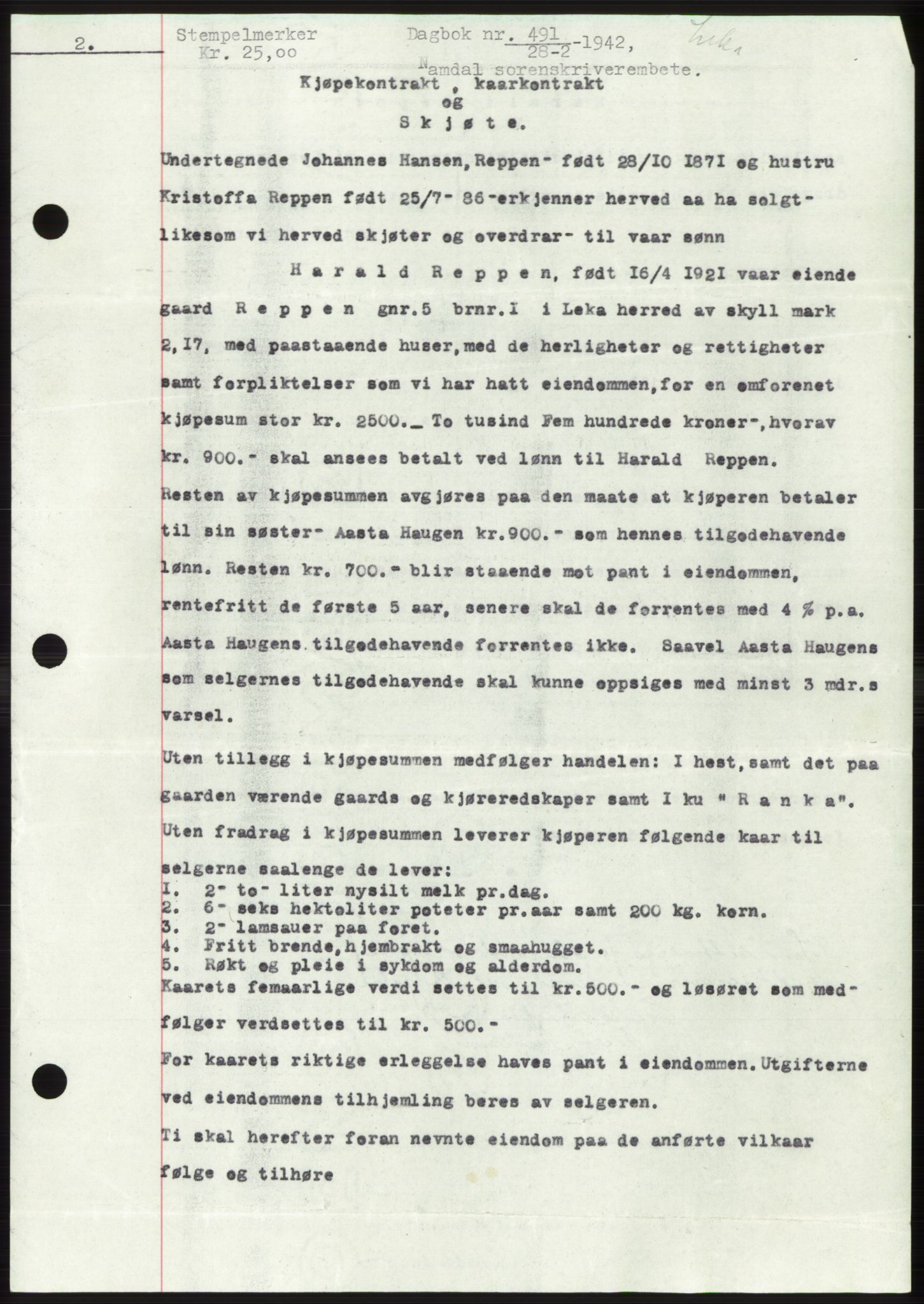Namdal sorenskriveri, SAT/A-4133/1/2/2C: Pantebok nr. -, 1941-1942, Dagboknr: 491/1942