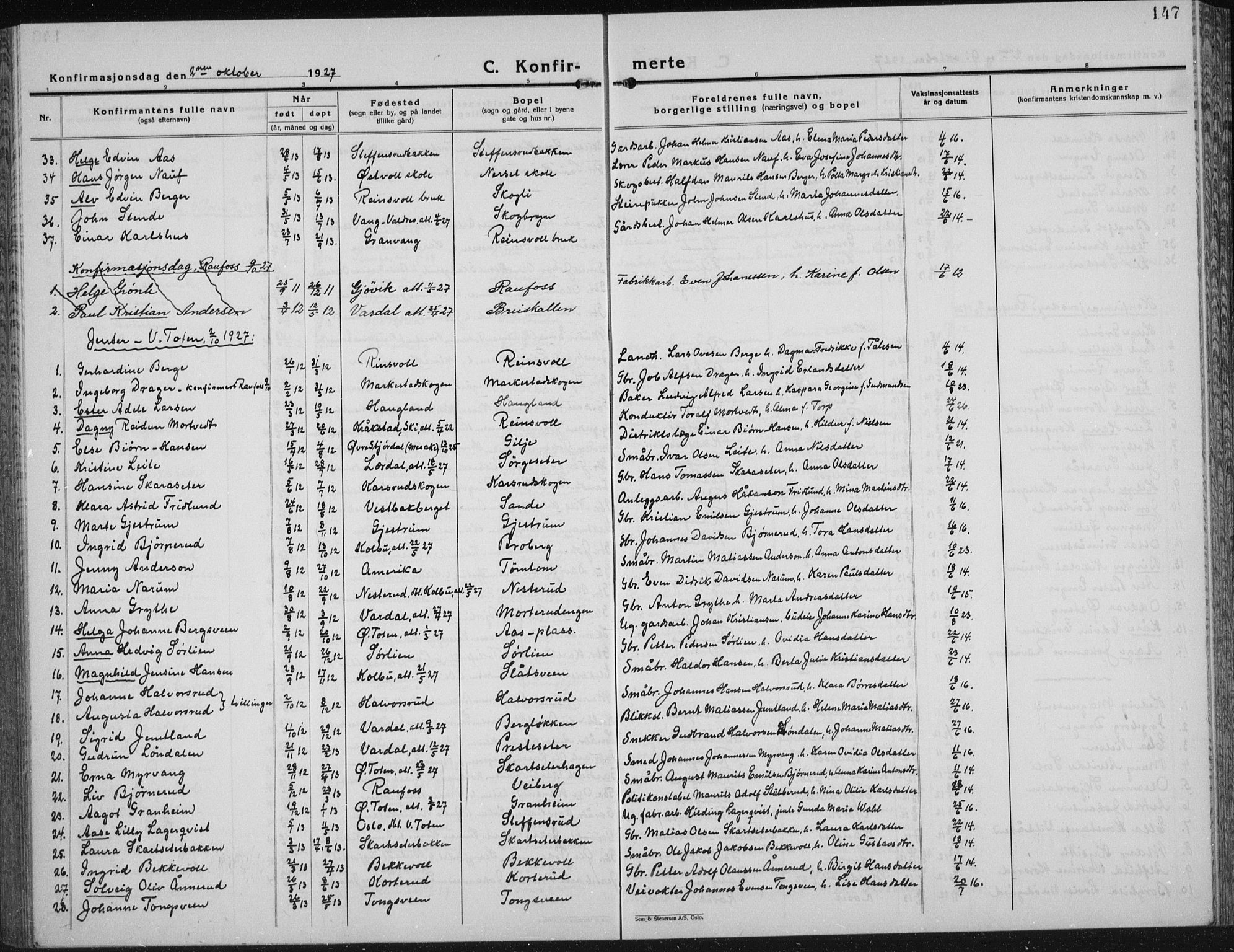 Vestre Toten prestekontor, AV/SAH-PREST-108/H/Ha/Hab/L0018: Klokkerbok nr. 18, 1928-1941, s. 147